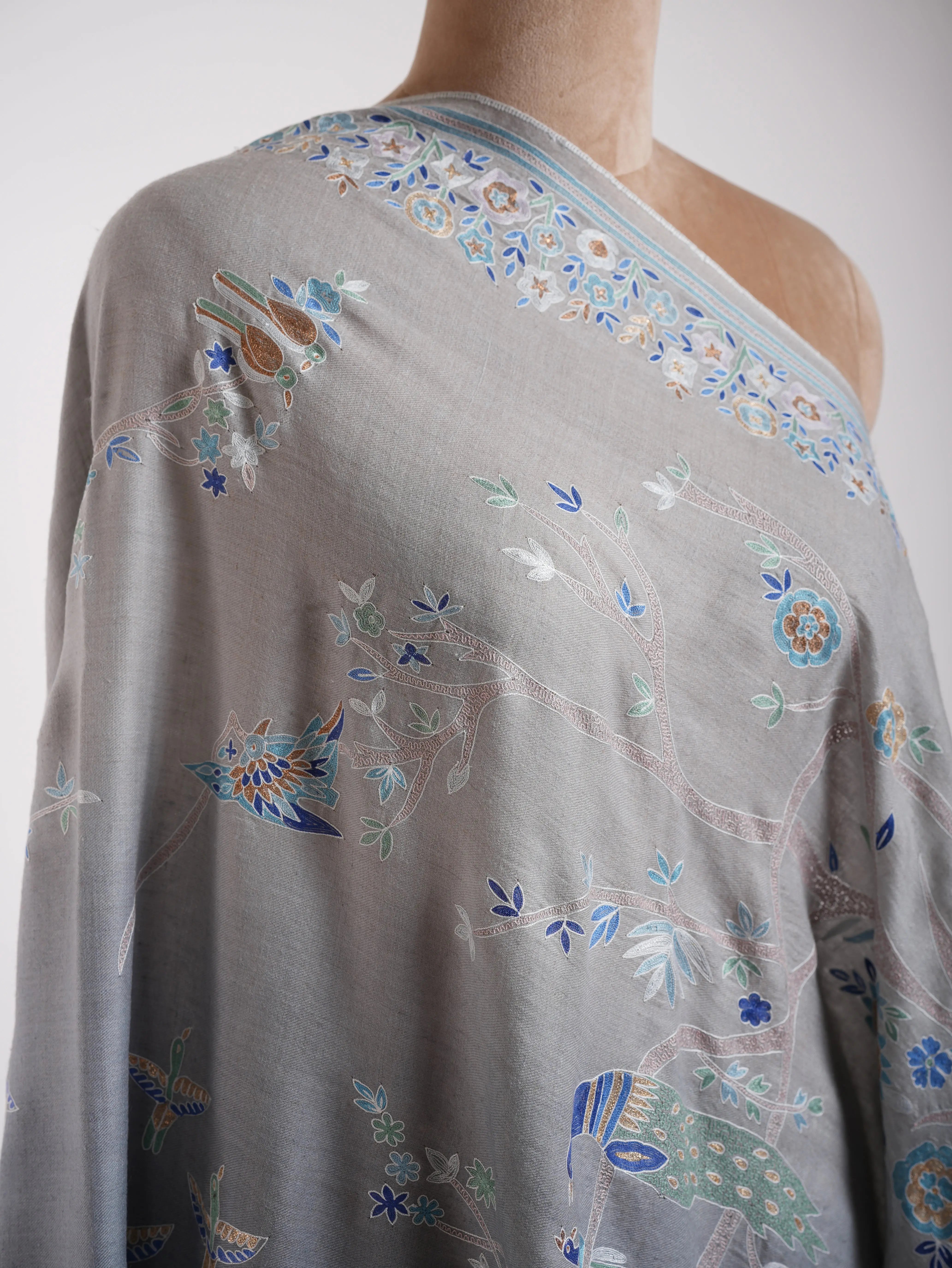 Hand Embroidered Tree of Peacock Pashmina Shawl Shahkaar