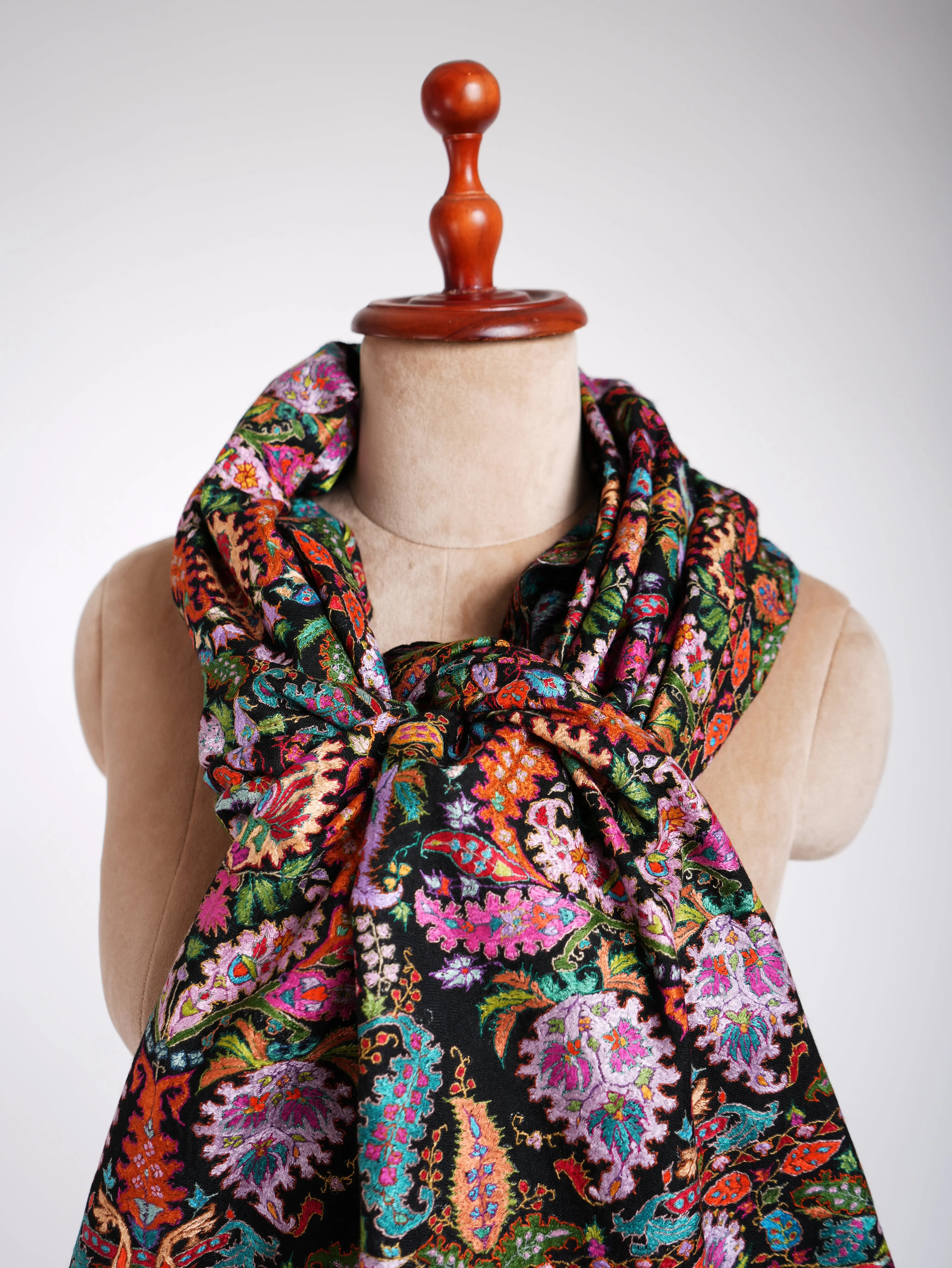 Hand Embroidery Jamavar Black Pashmina Shawl Shahkaar