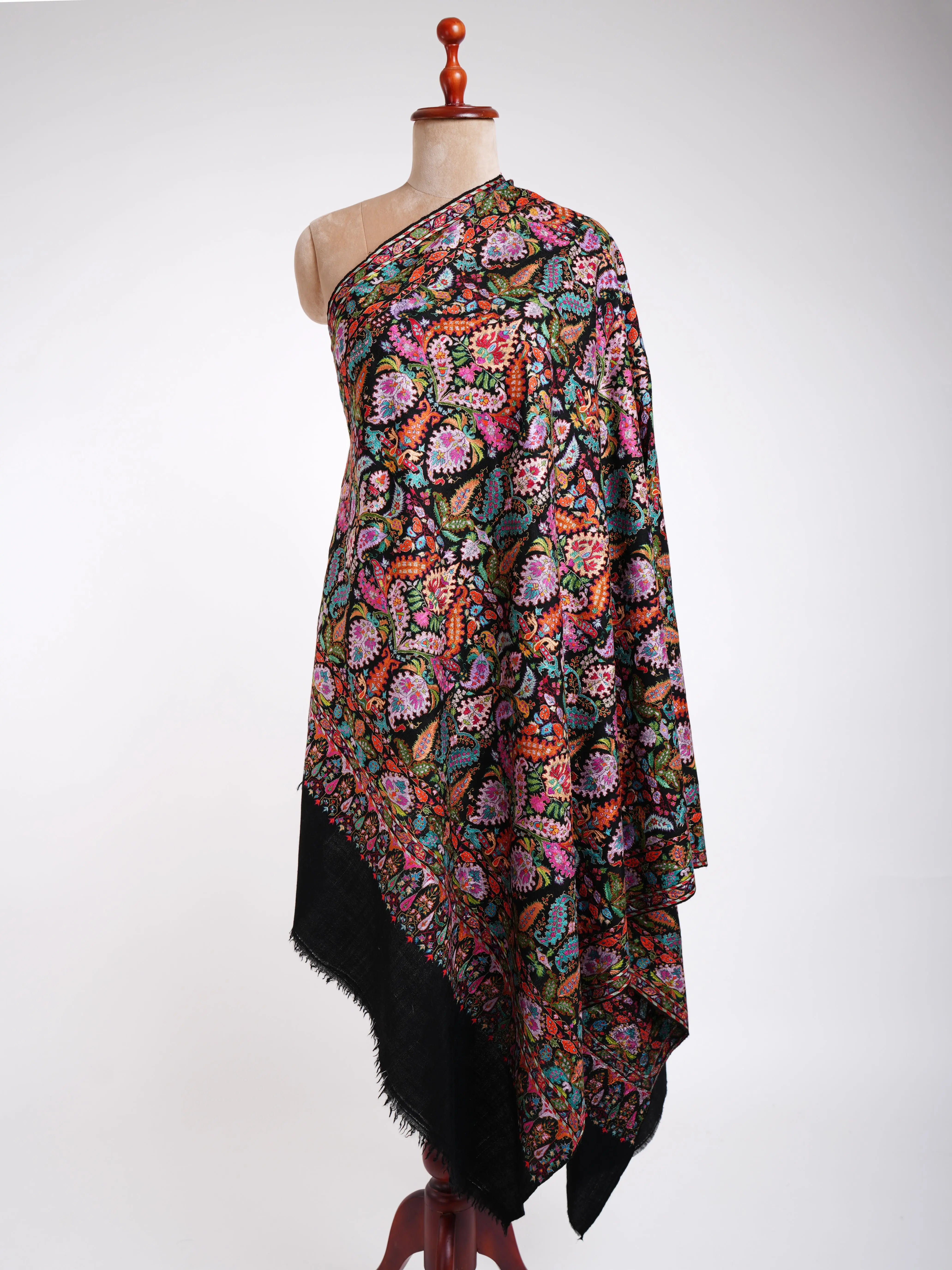 Hand Embroidery Jamavar Black Pashmina Shawl Shahkaar
