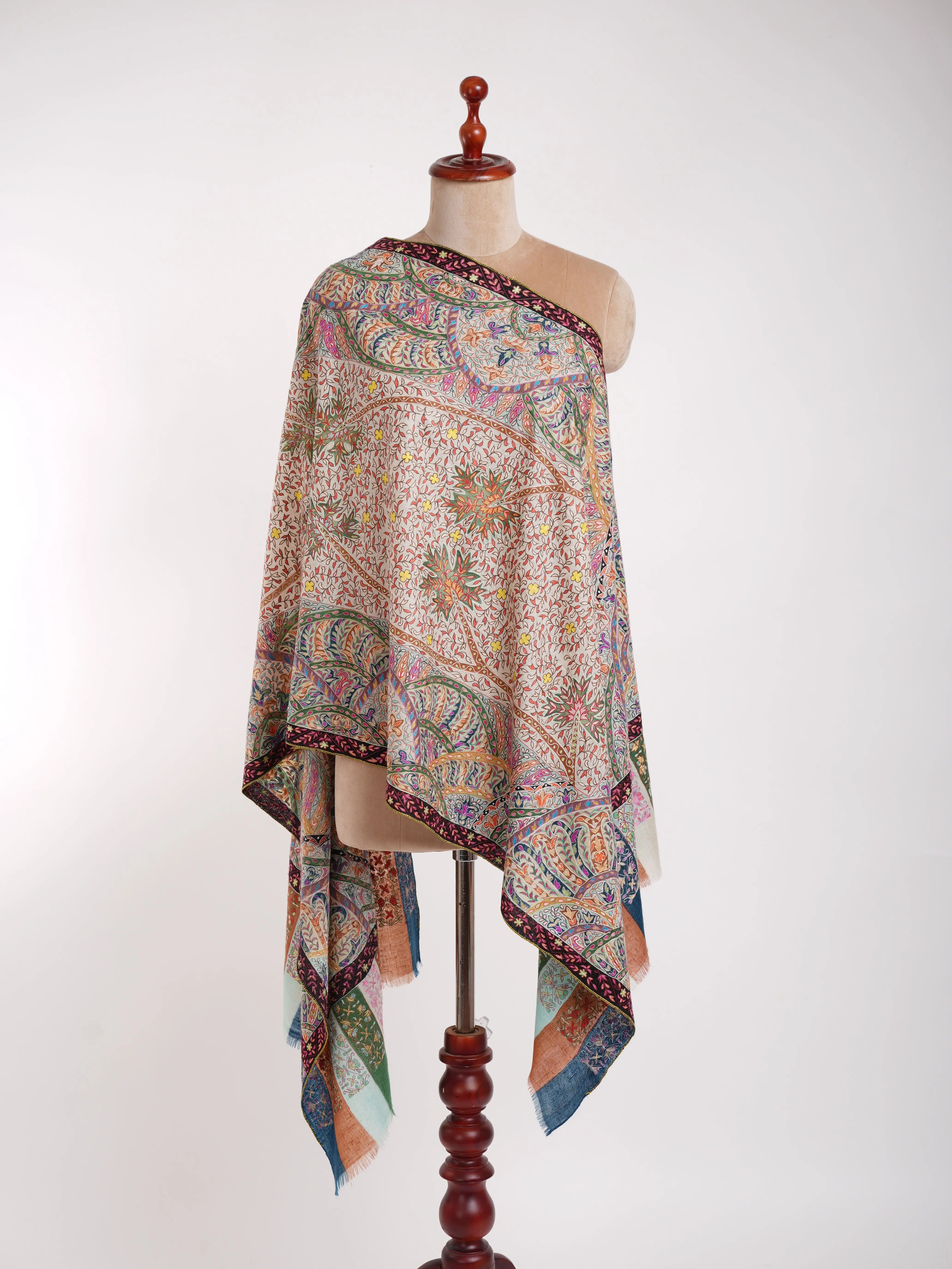 Hand Painted Hand Embroidered Kalamkari Cashmere Wrap Shahkaar