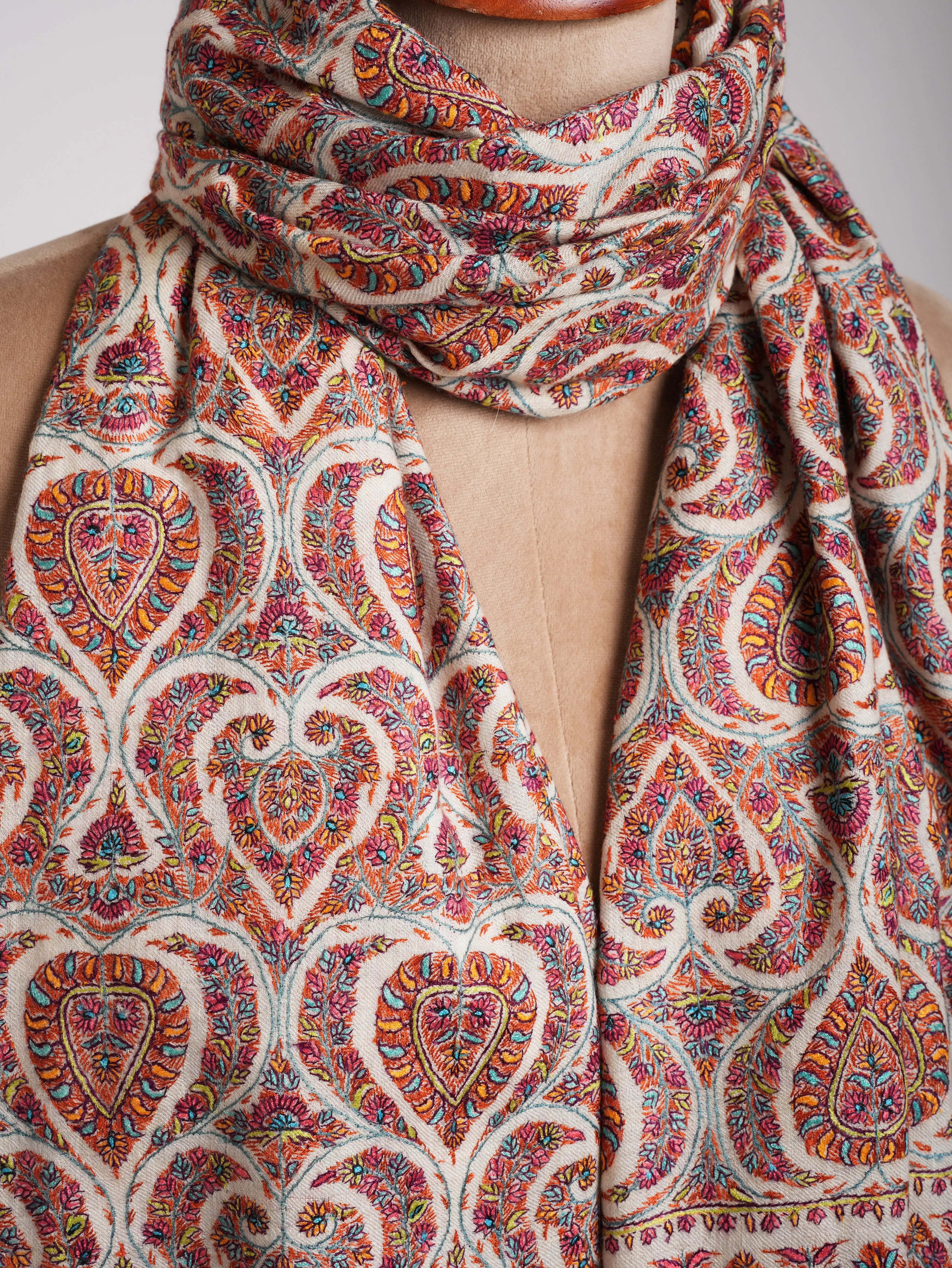 Hand Sozni Embroidered White Pashmina Jamavar Shawl Shahkaar