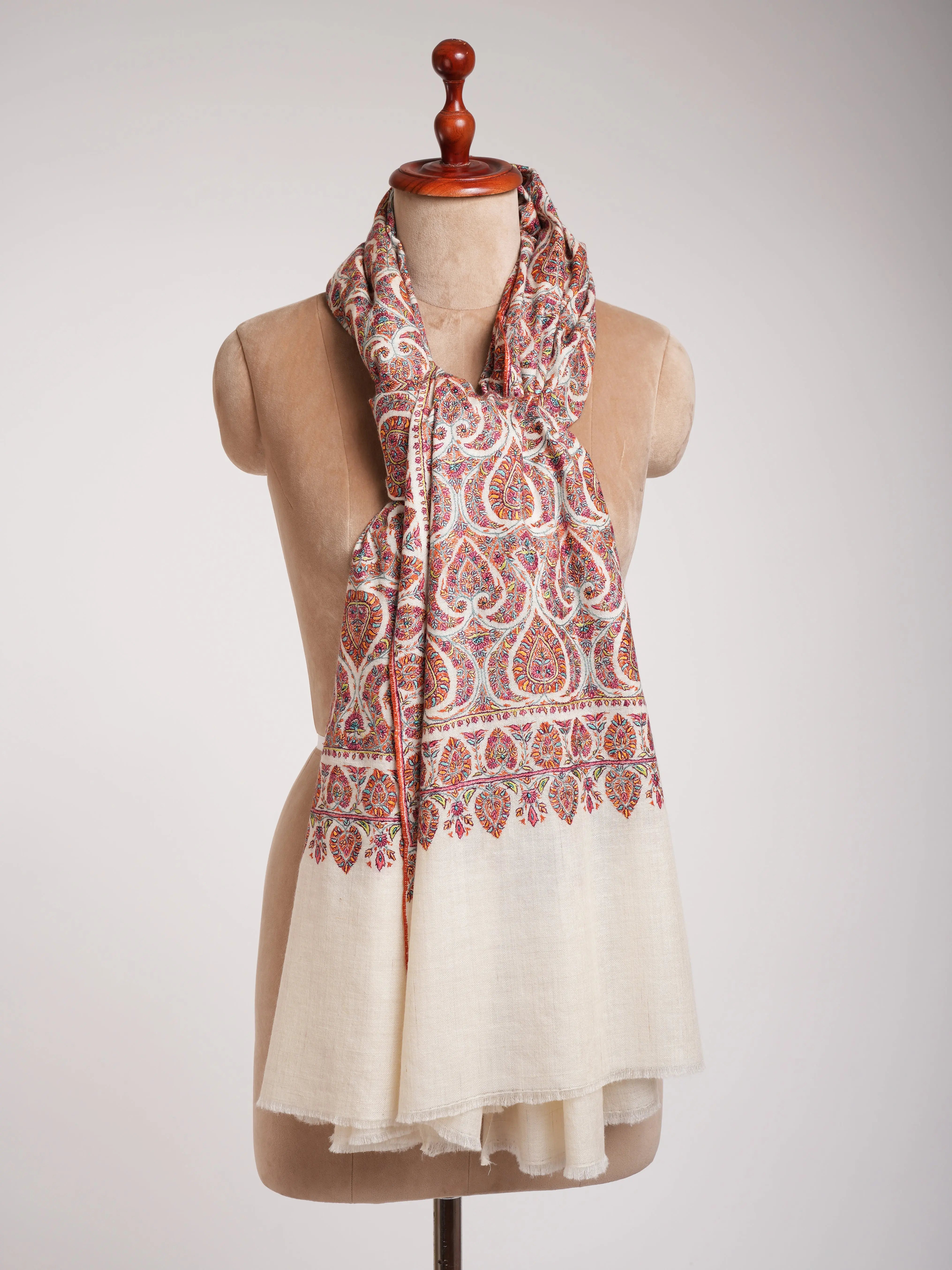 Hand Sozni Embroidered White Pashmina Jamavar Shawl Shahkaar