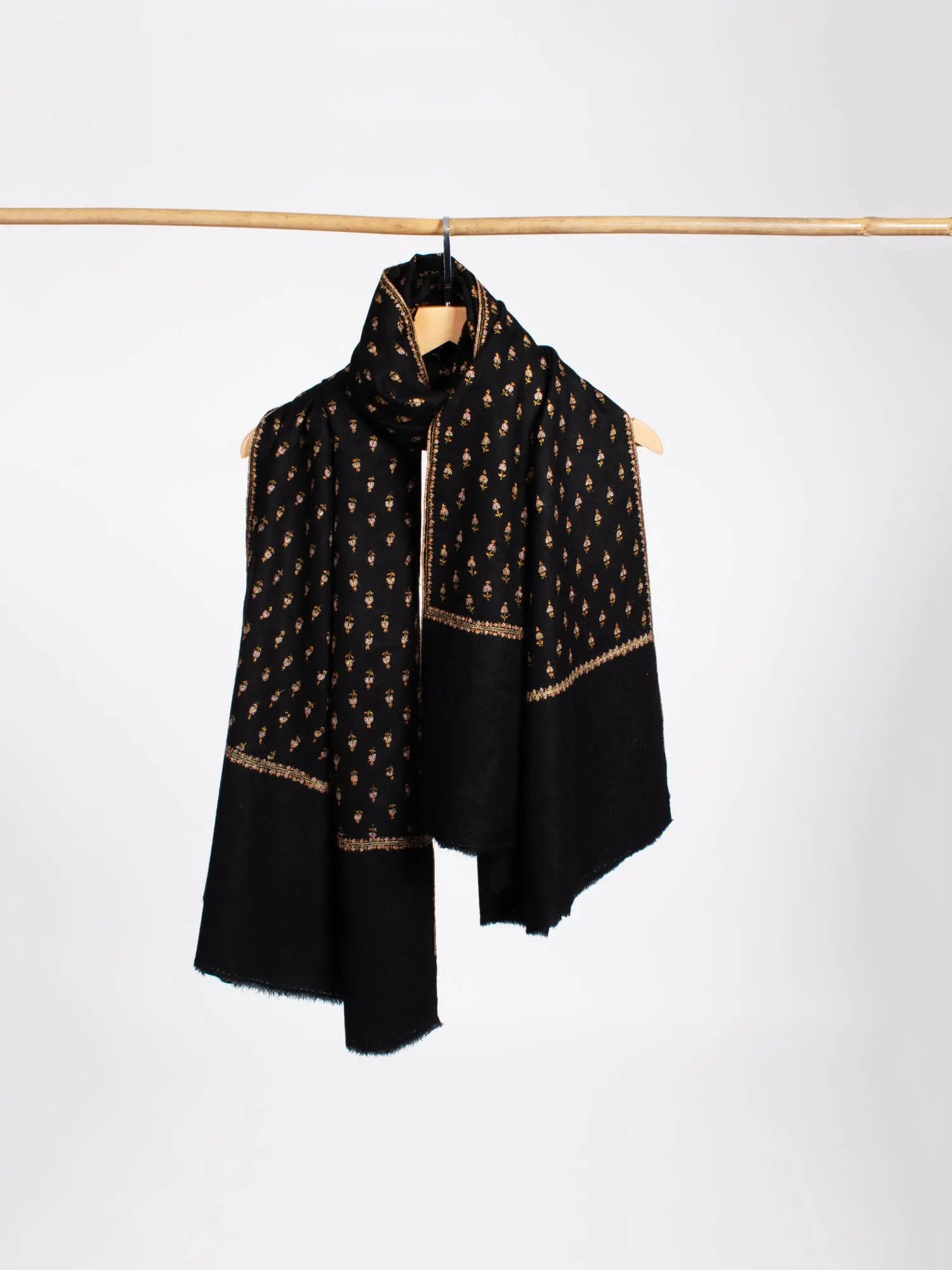 Hand Spun Delicately Embroidered Black Pashmina Shawl - ITHACA Shahkaar