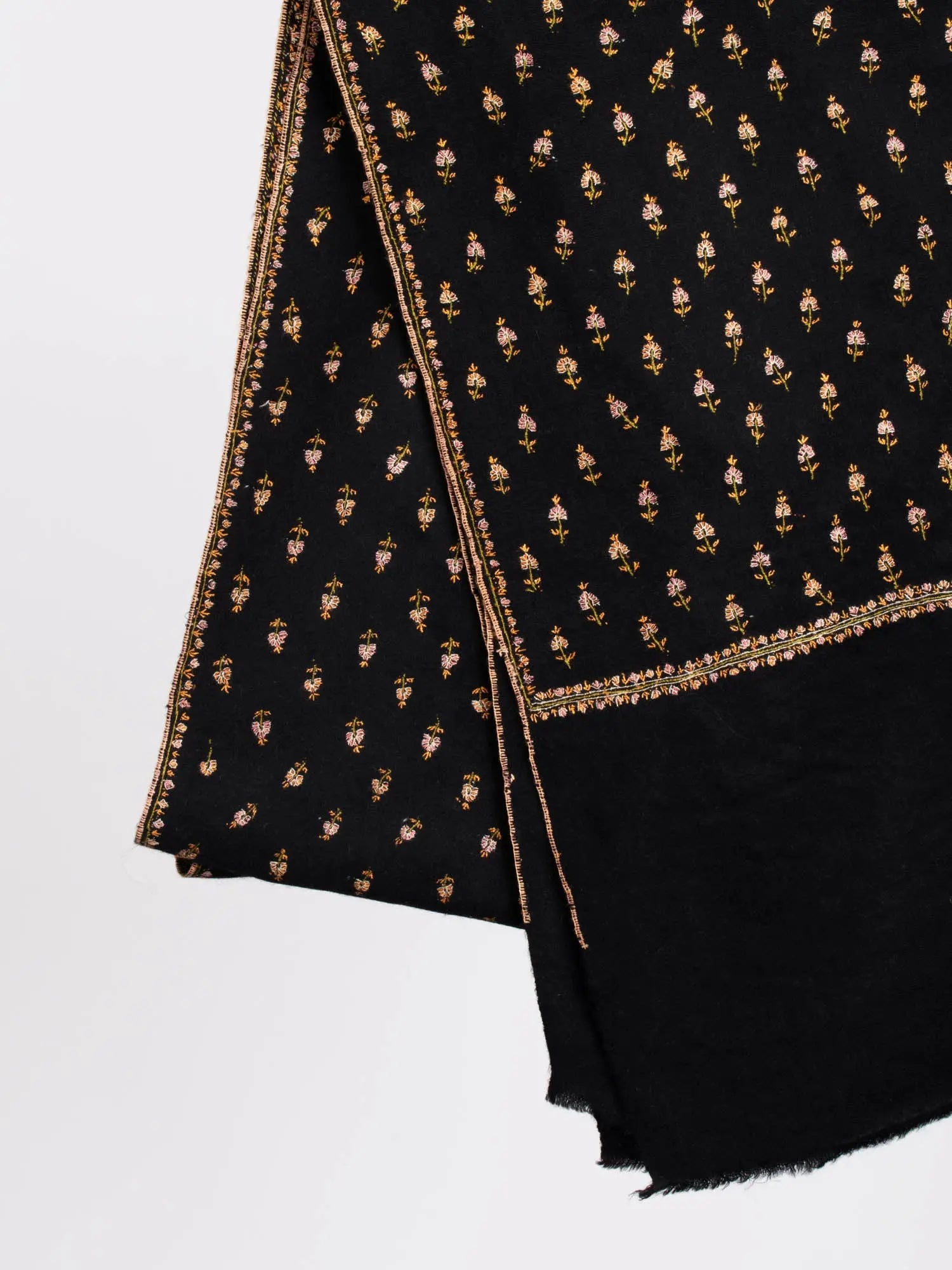 Hand Spun Delicately Embroidered Black Pashmina Shawl - ITHACA Shahkaar