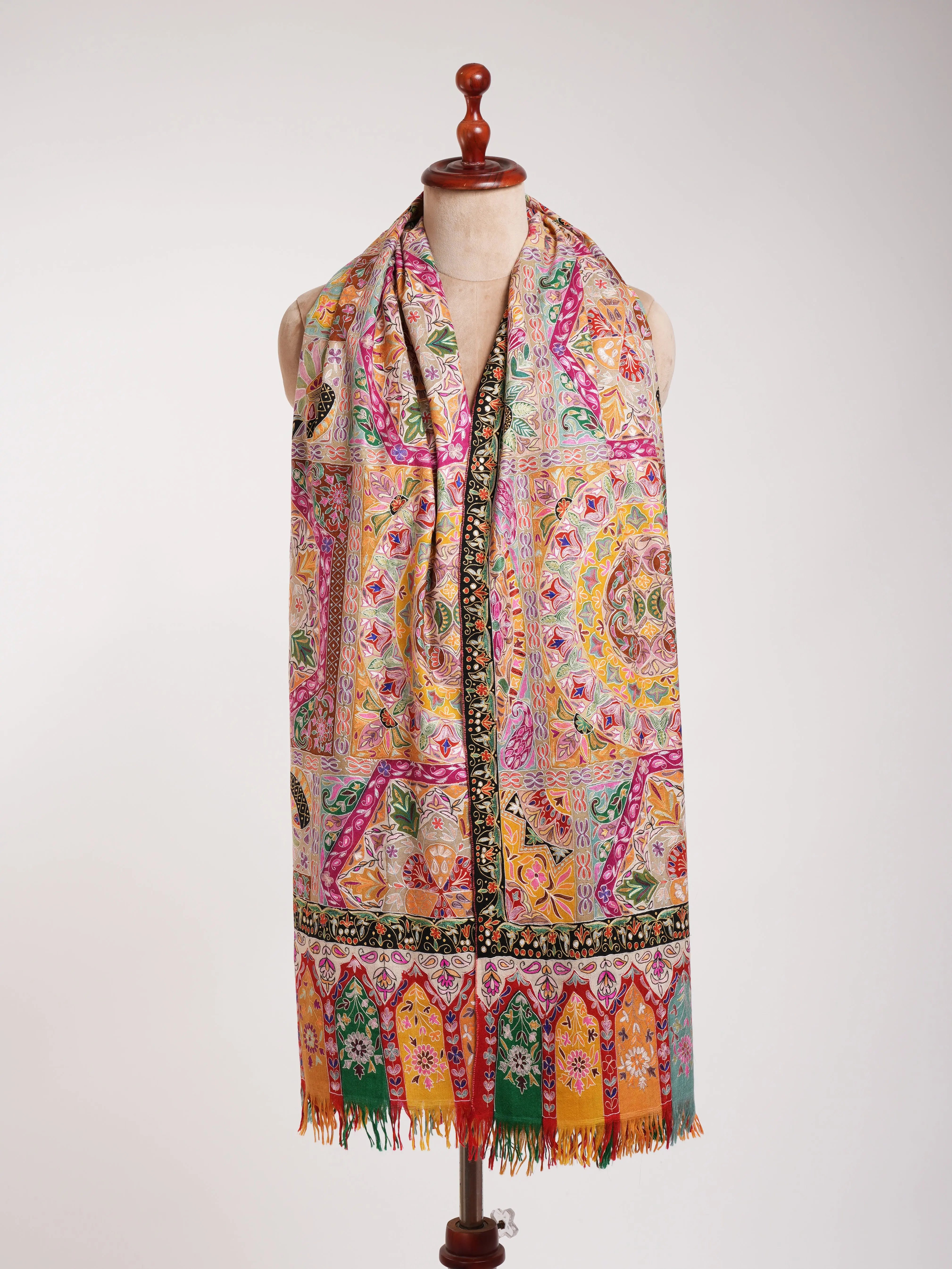 Hand painted Kalamkari Pashmina Shawl with Art Silk Embroidery Shahkaar