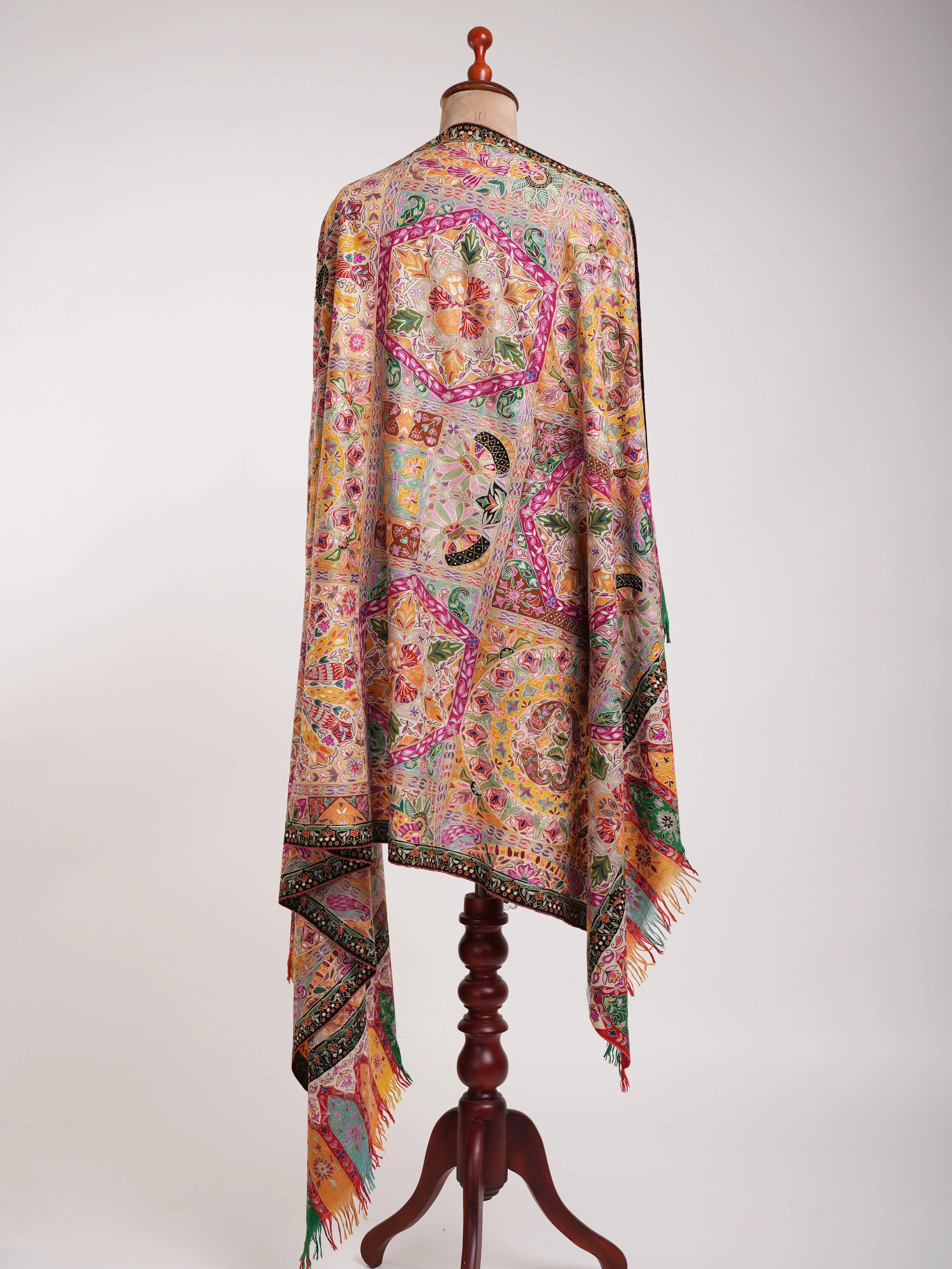 Hand painted Kalamkari Pashmina Shawl with Art Silk Embroidery Shahkaar