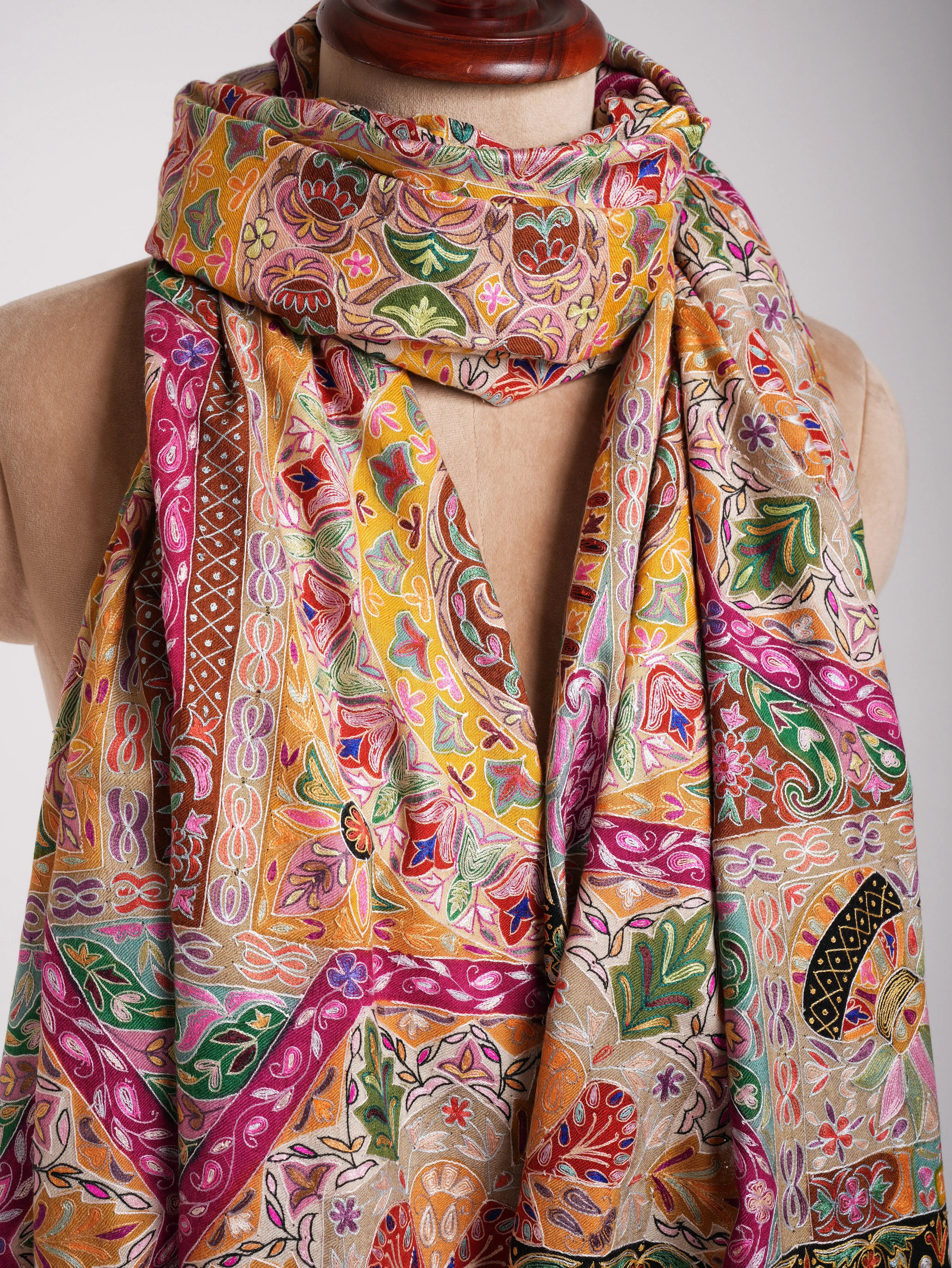 Hand painted Kalamkari Pashmina Shawl with Art Silk Embroidery Shahkaar
