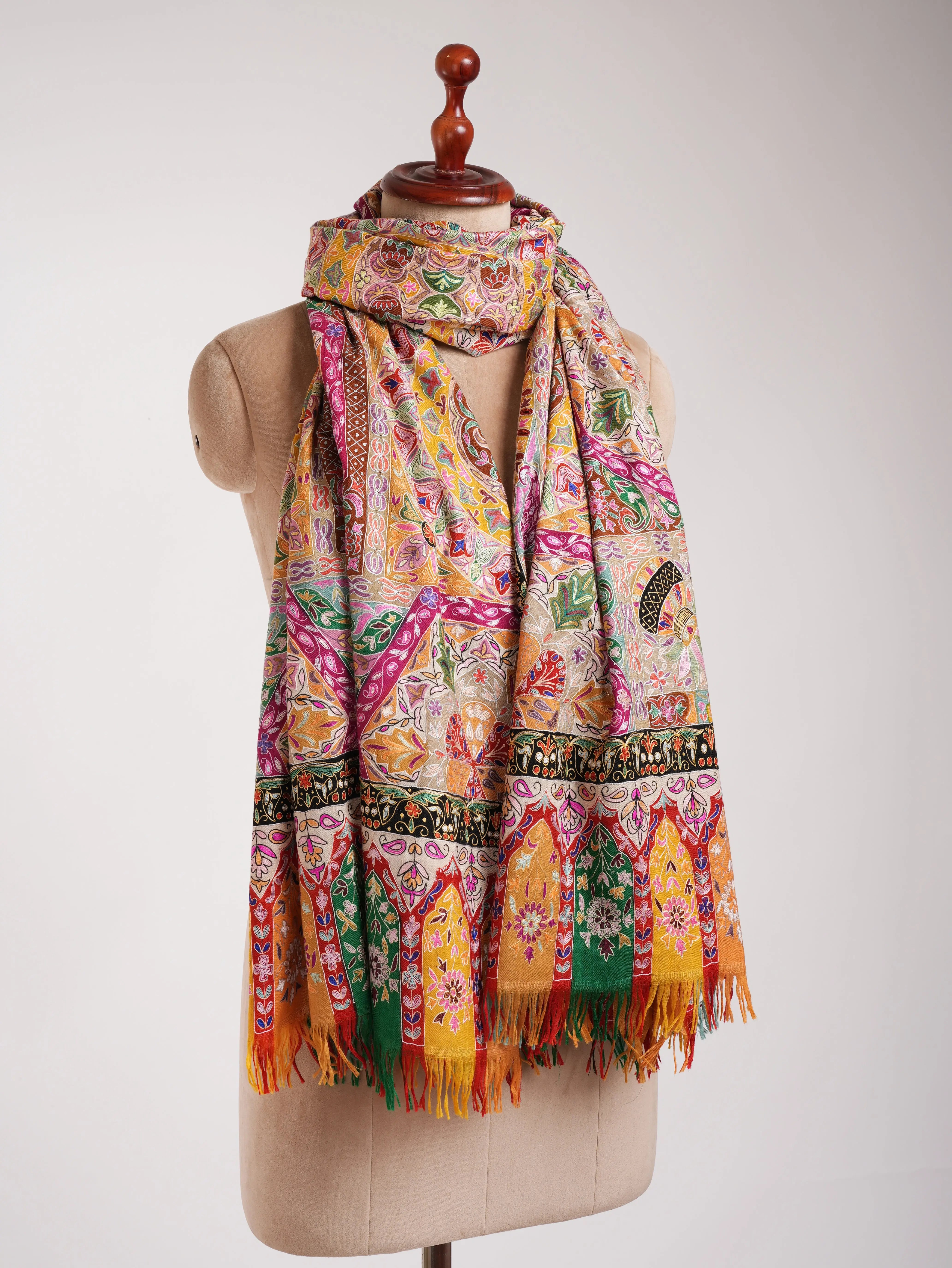 Hand painted Kalamkari Pashmina Shawl with Art Silk Embroidery Shahkaar
