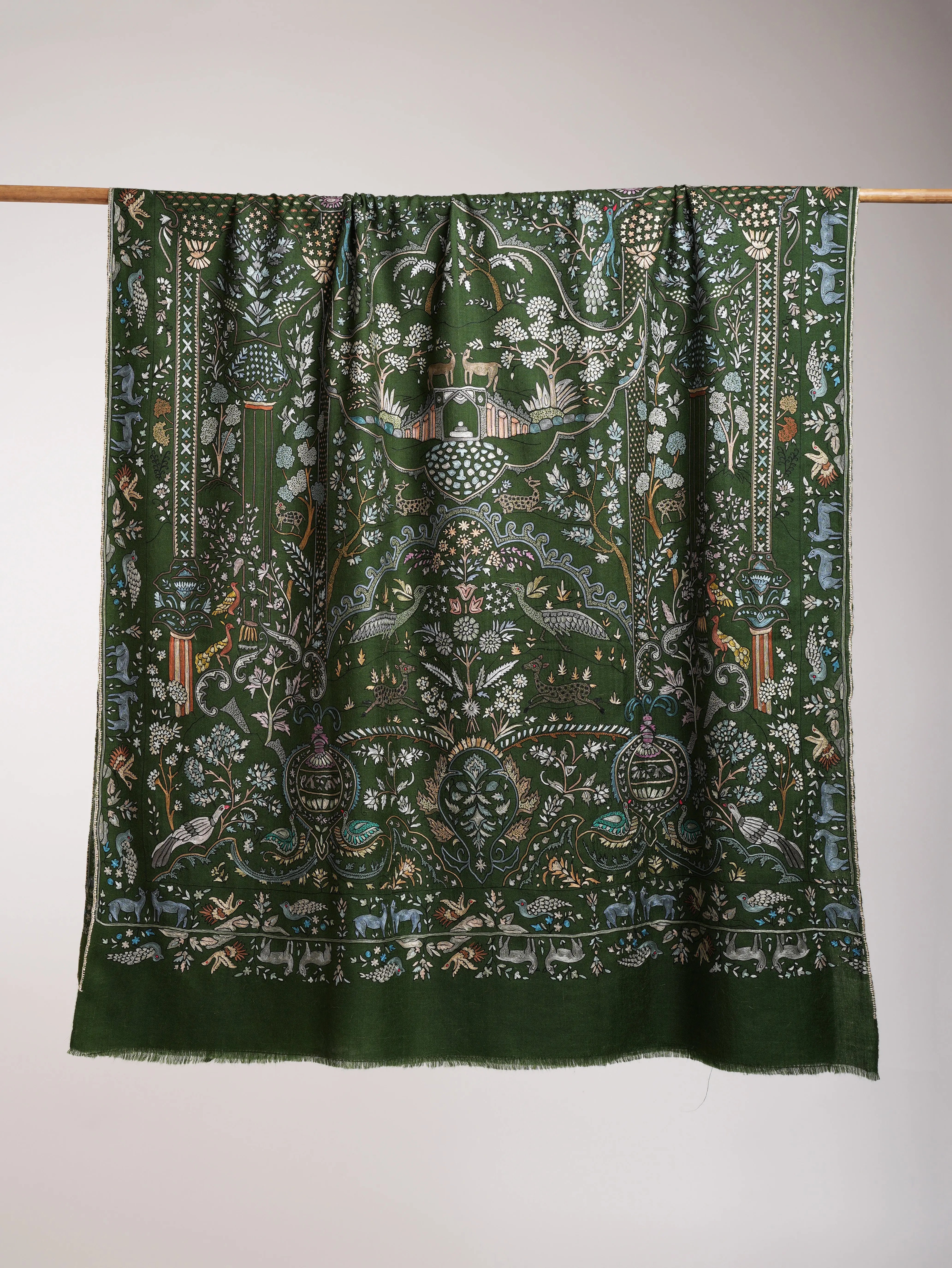 Handcrafted Indian Pashmina Embroidered Shawl in Green Shahkaar
