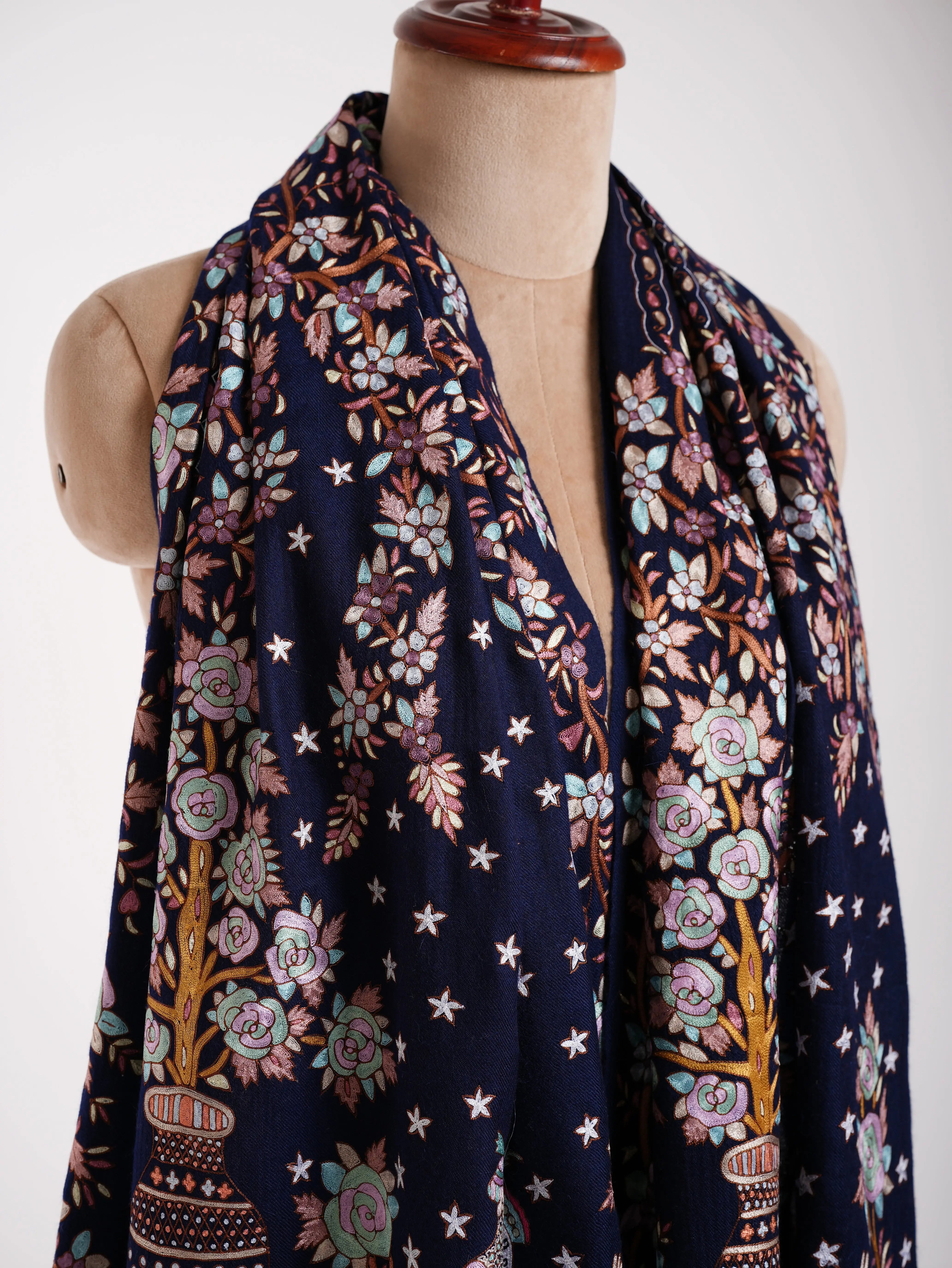 Handmade Hook Embroidery Cashmere Scarf Classic Blue Shahkaar