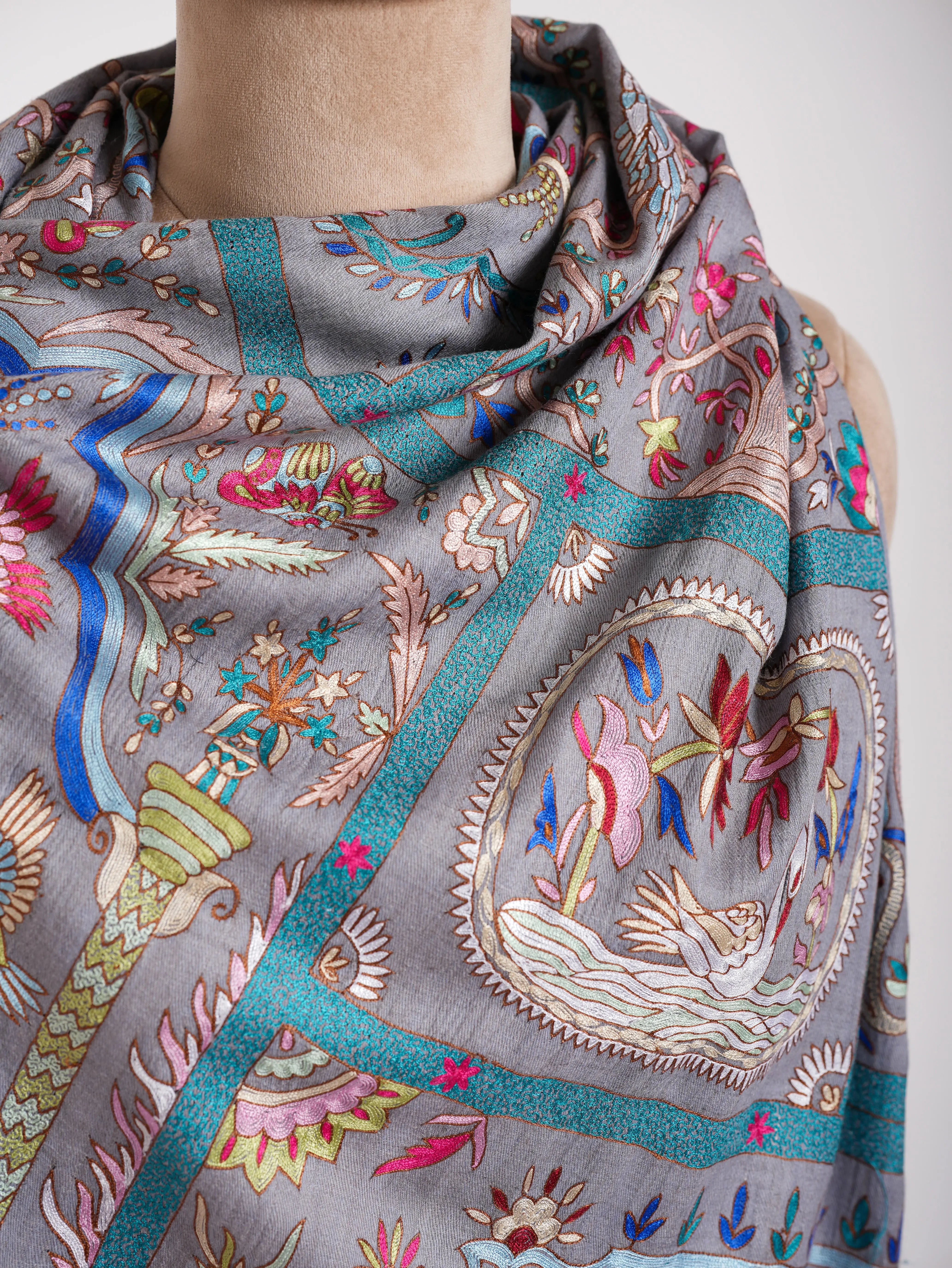 Handmade Kalamkari Jamavar Cashmere Scarf Summer Song Shahkaar