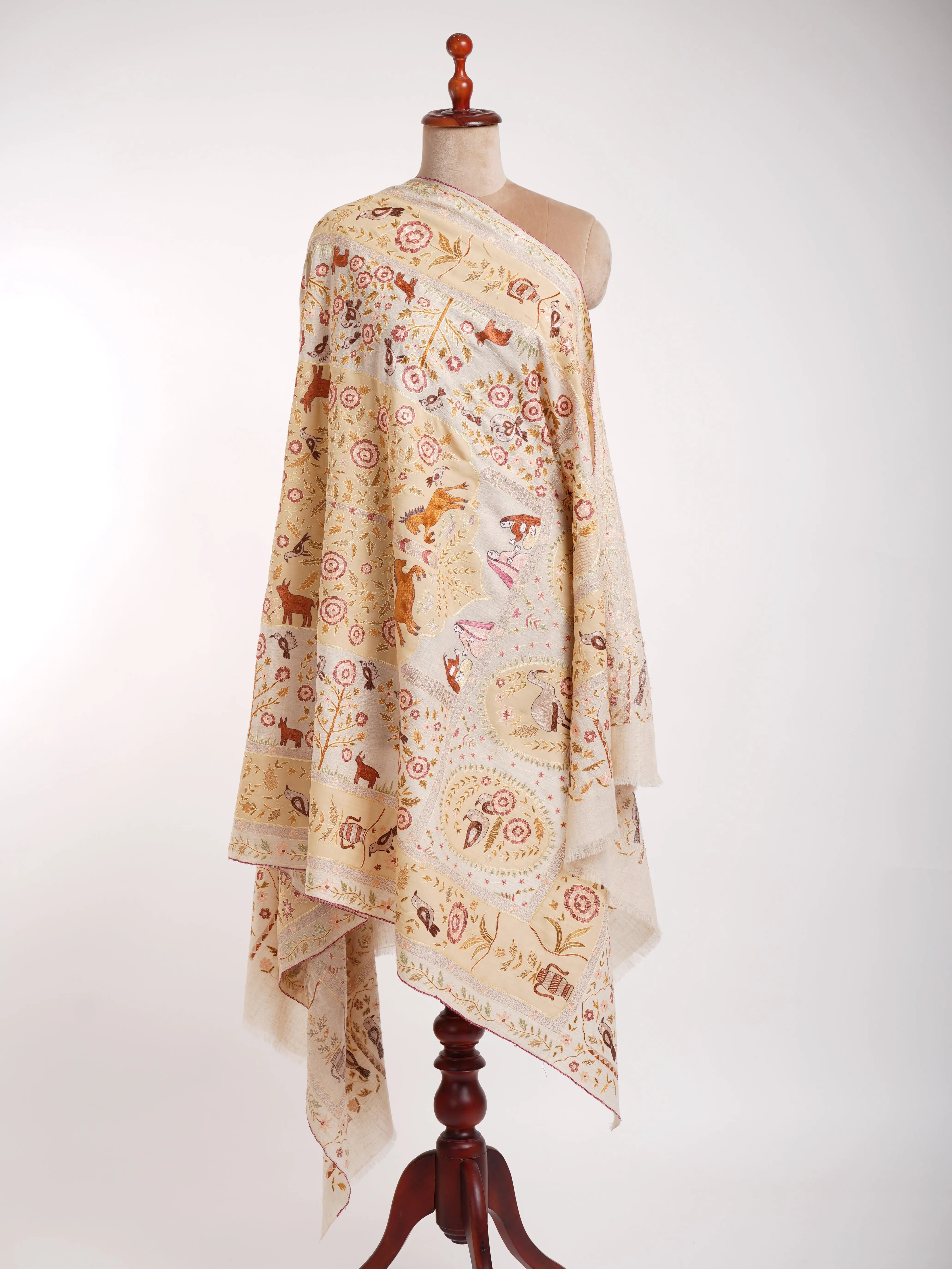 Handmade Patch Worked Jamavar Pashmina Shawl Vanilla Cream Shahkaar