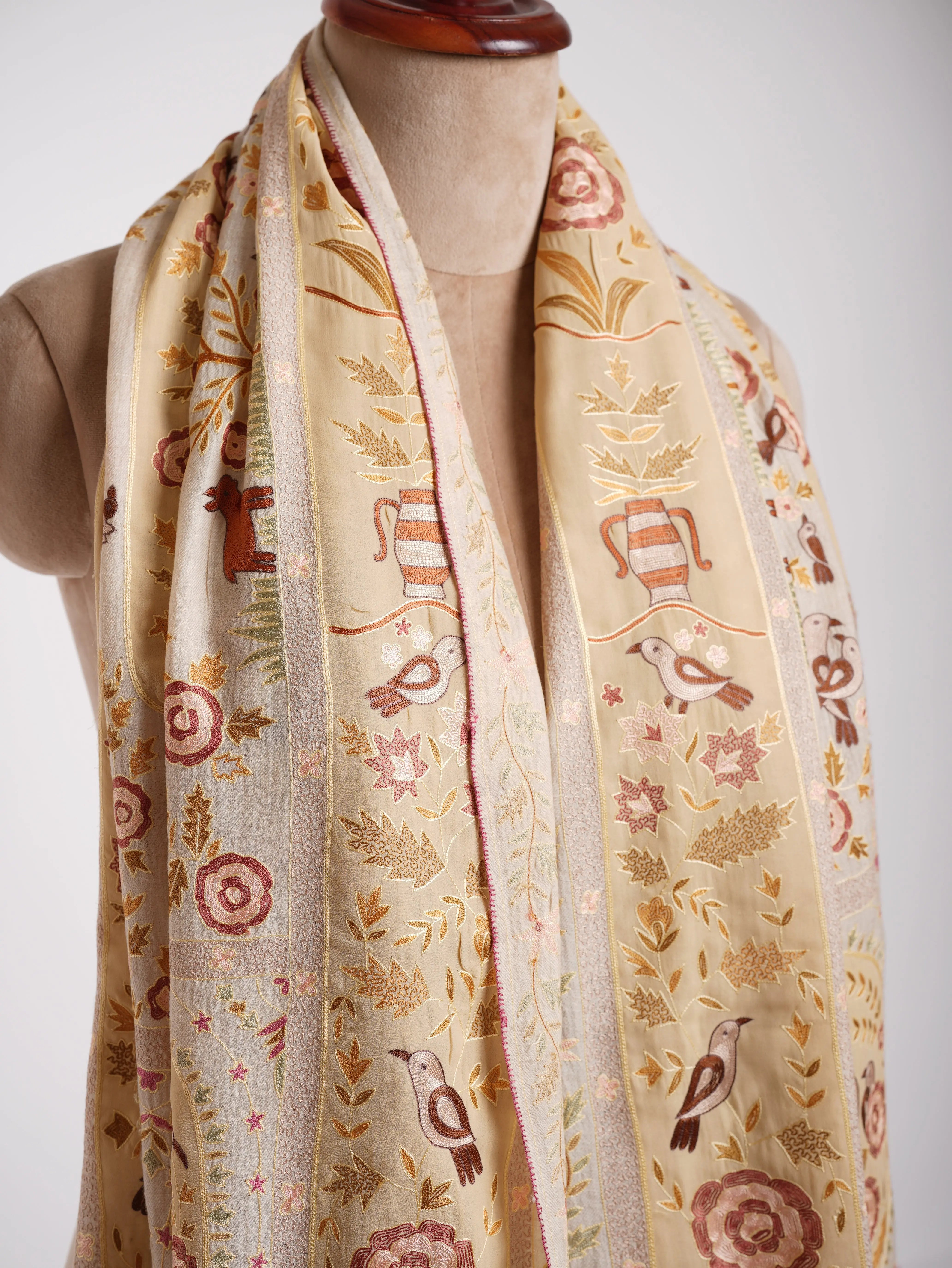 Handmade Patch Worked Jamavar Pashmina Shawl Vanilla Cream Shahkaar