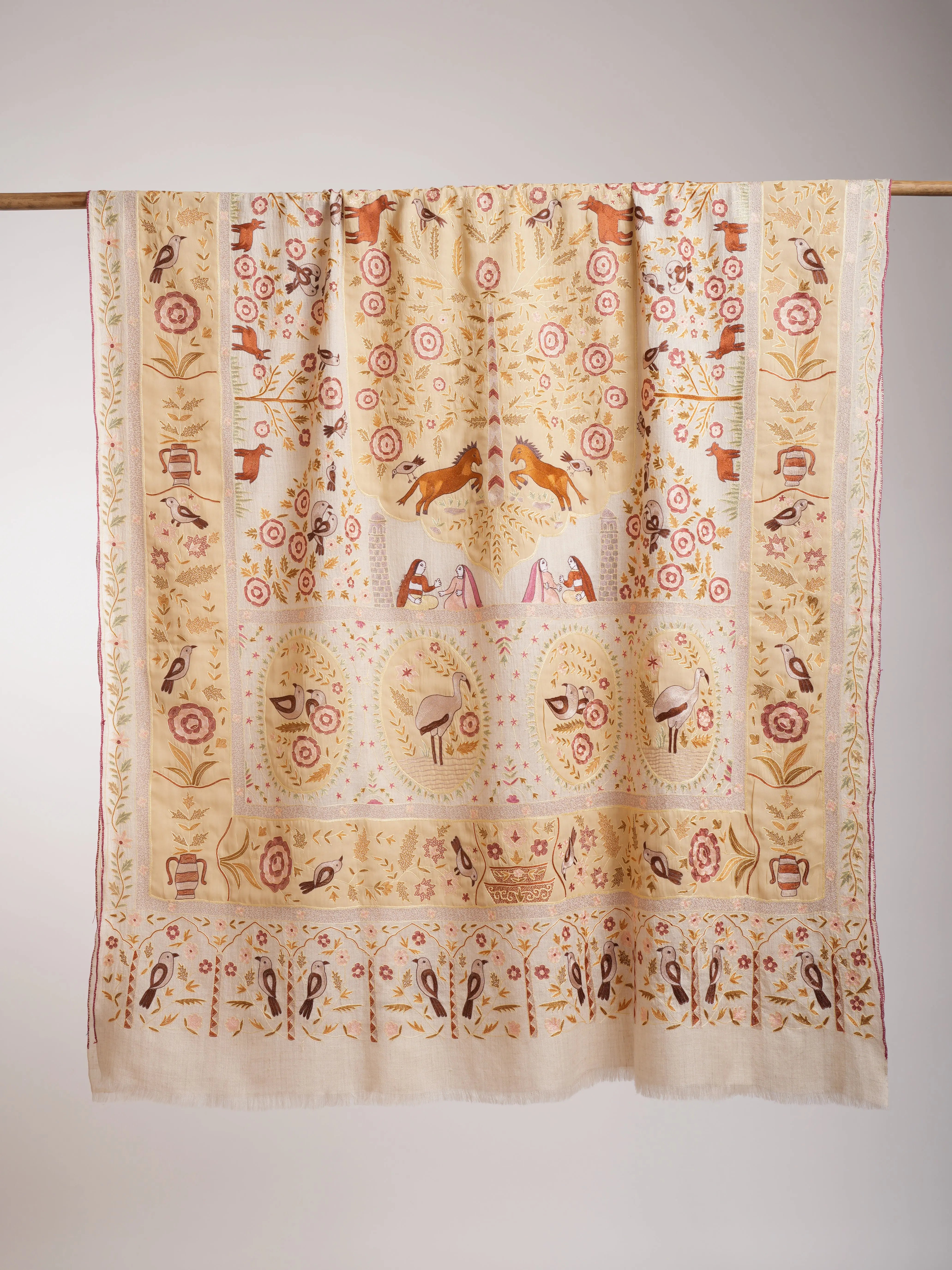 Handmade Patch Worked Jamavar Pashmina Shawl Vanilla Cream Shahkaar