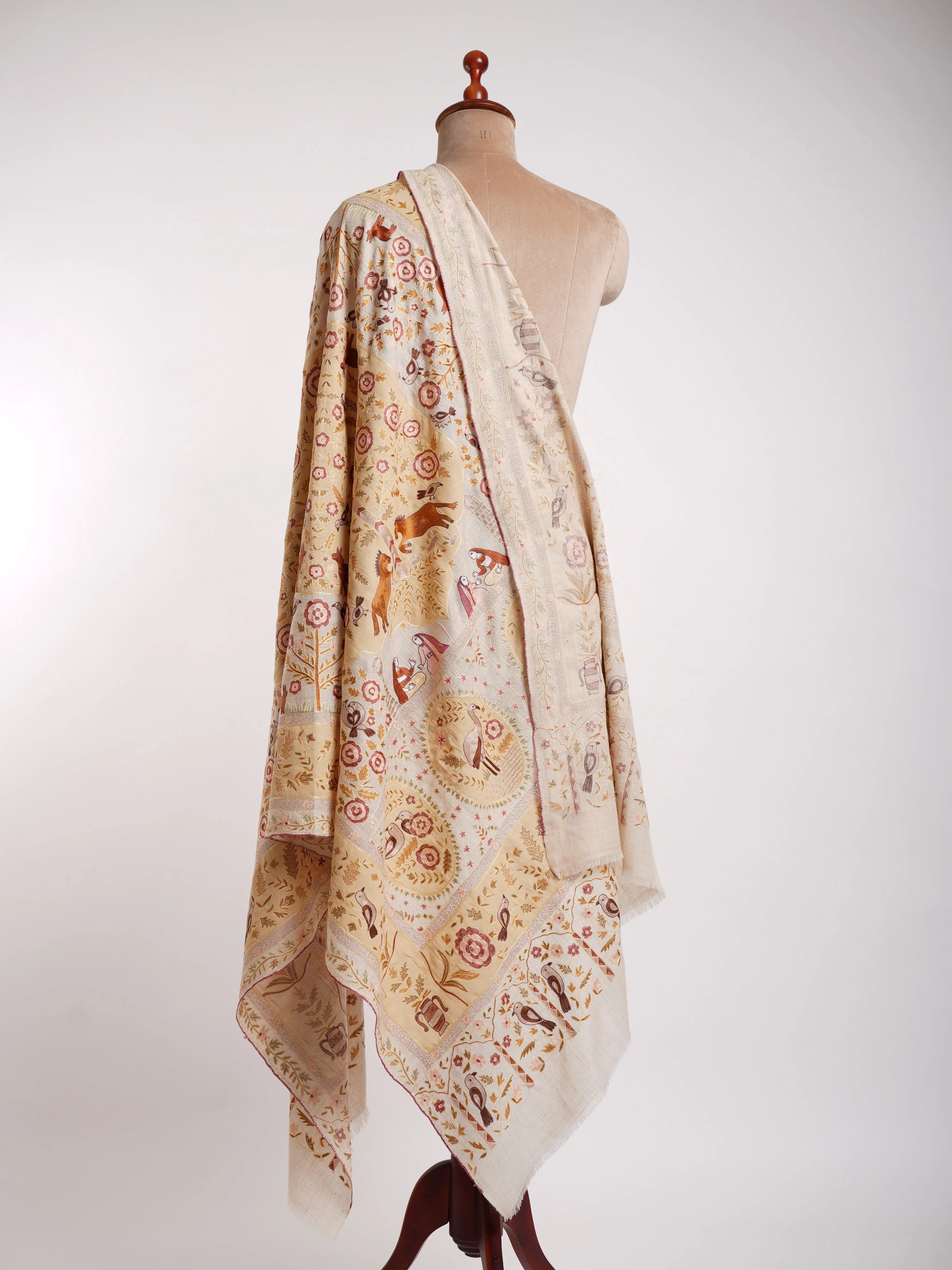 Handmade Patch Worked Jamavar Pashmina Shawl Vanilla Cream Shahkaar