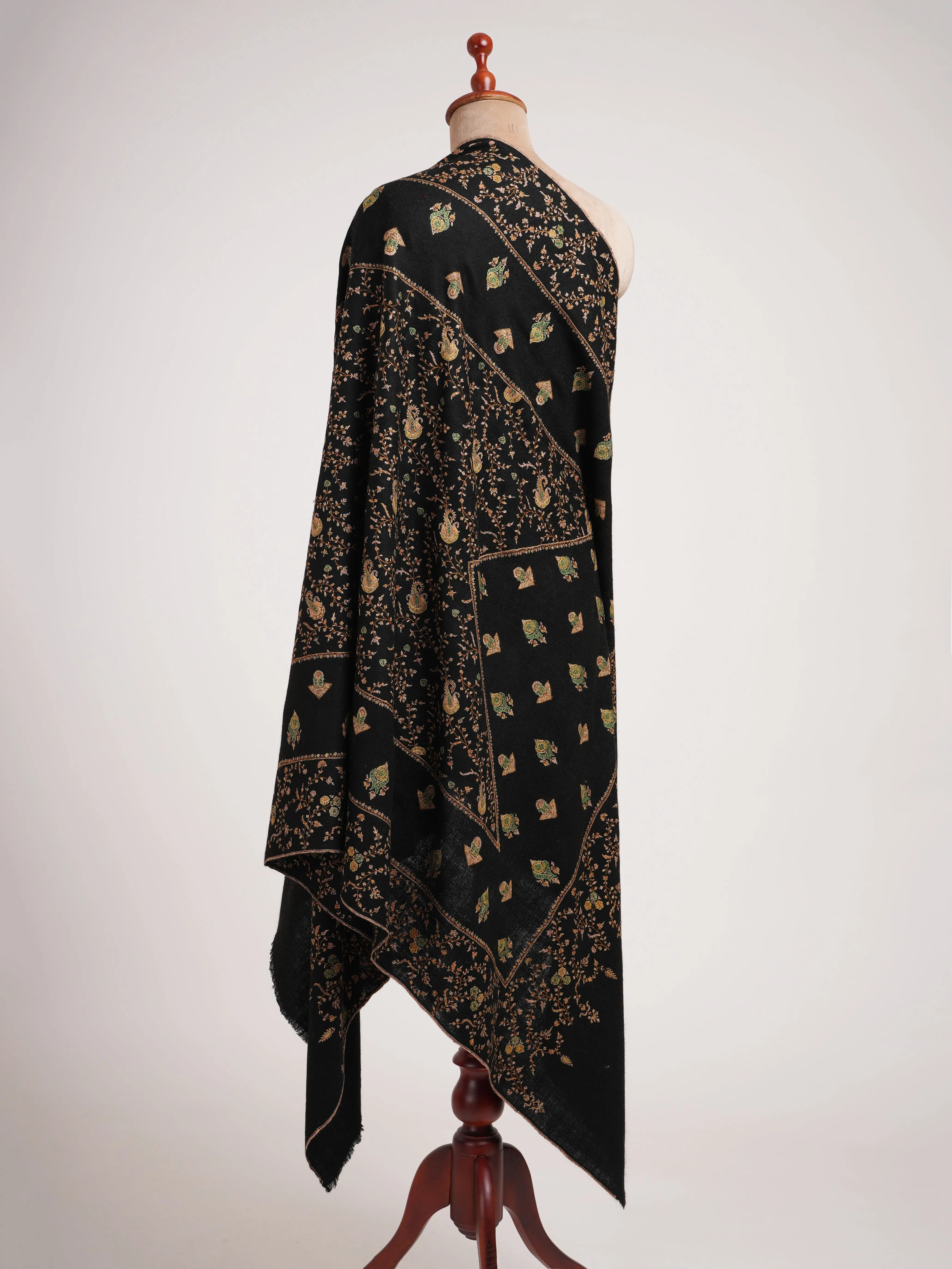Handspun Artisitc Needlework Black Pashmina Shawl Shahkaar