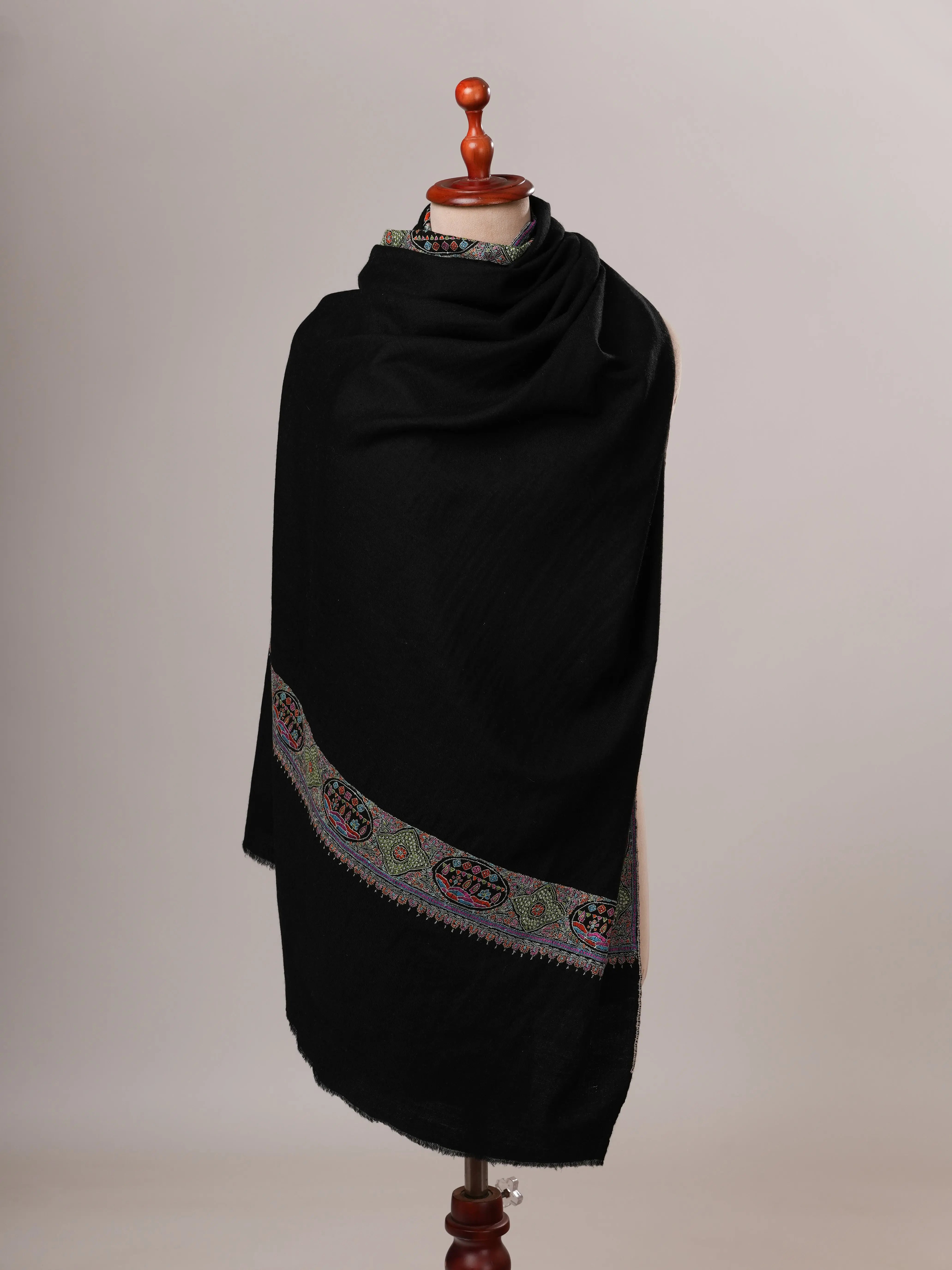 Handspun Black Daur Hand Embroidered Pashmina Shawl Shahkaar