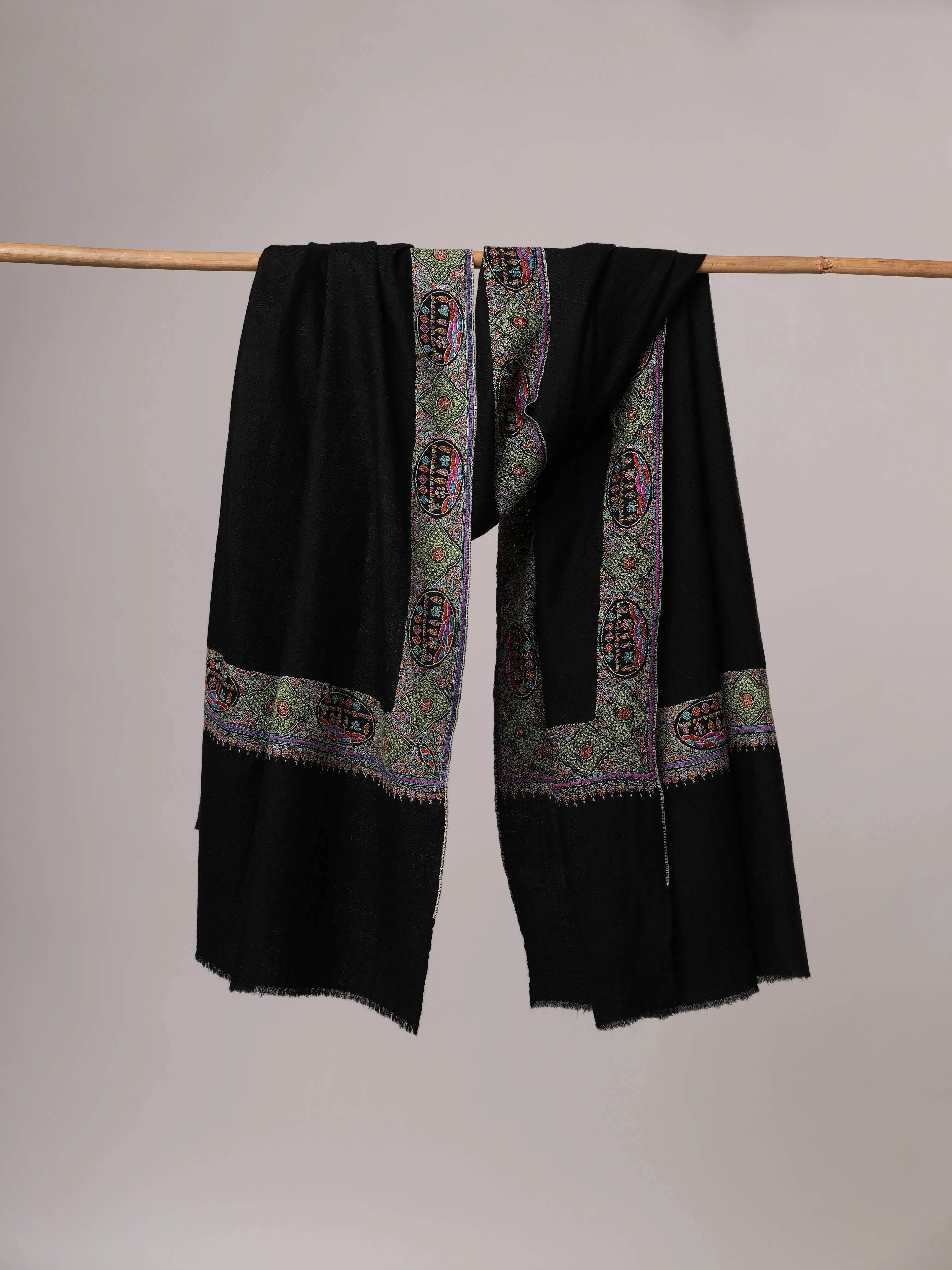 Handspun Black Daur Hand Embroidered Pashmina Shawl Shahkaar