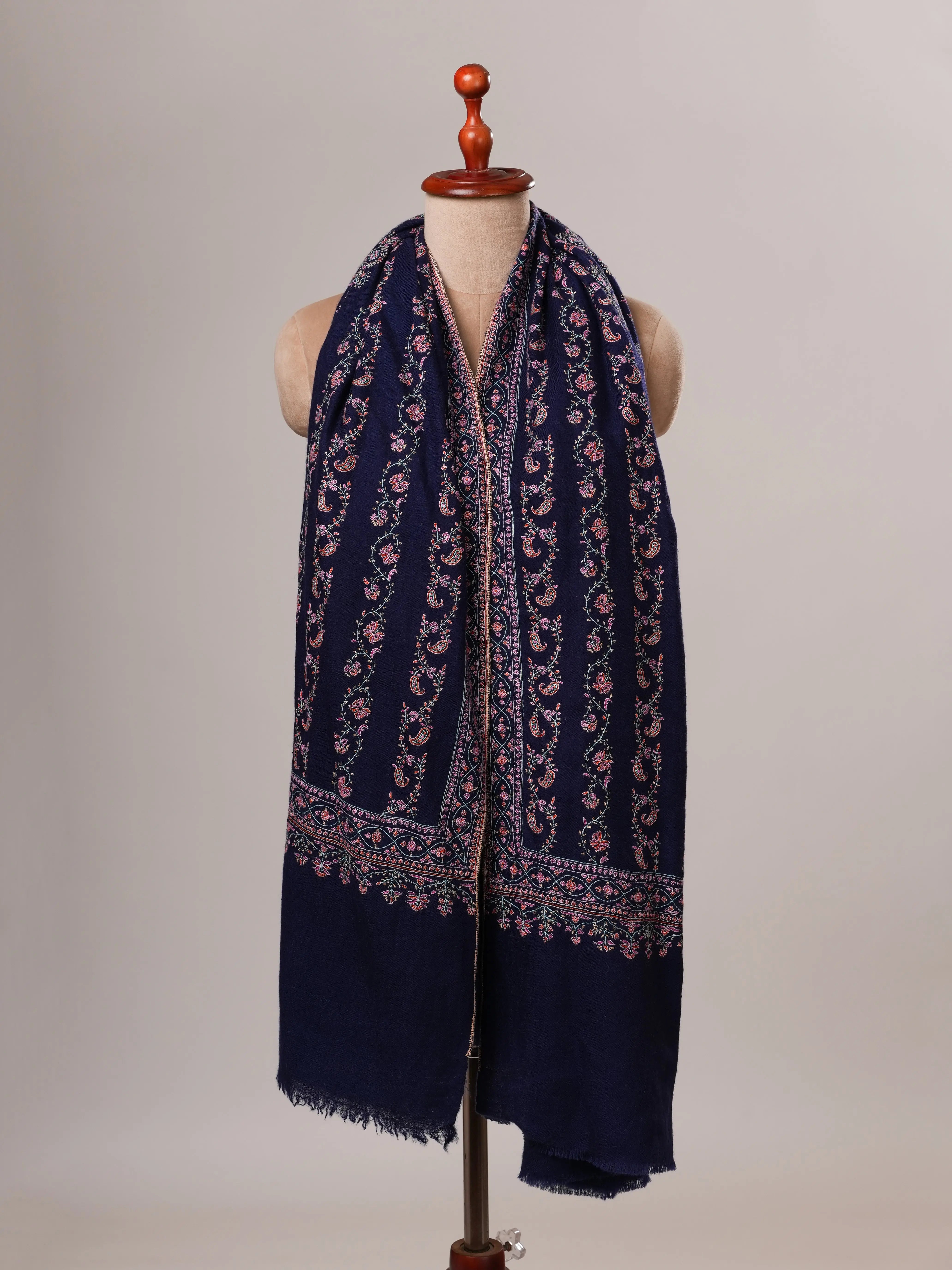 Handspun Blue Embroidered Featherlight Pure Pashmina Shawl Shahkaar