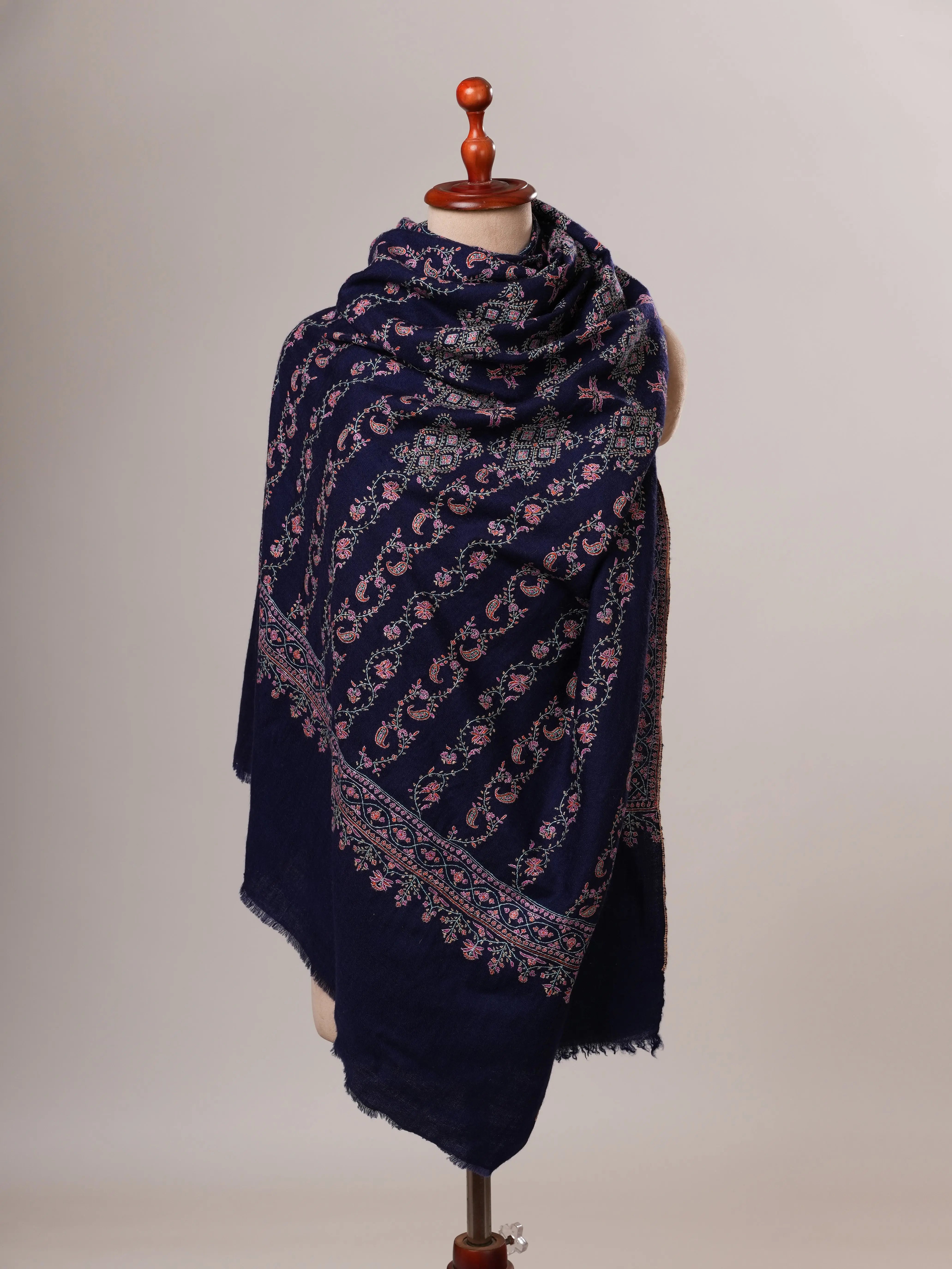 Handspun Blue Embroidered Featherlight Pure Pashmina Shawl Shahkaar