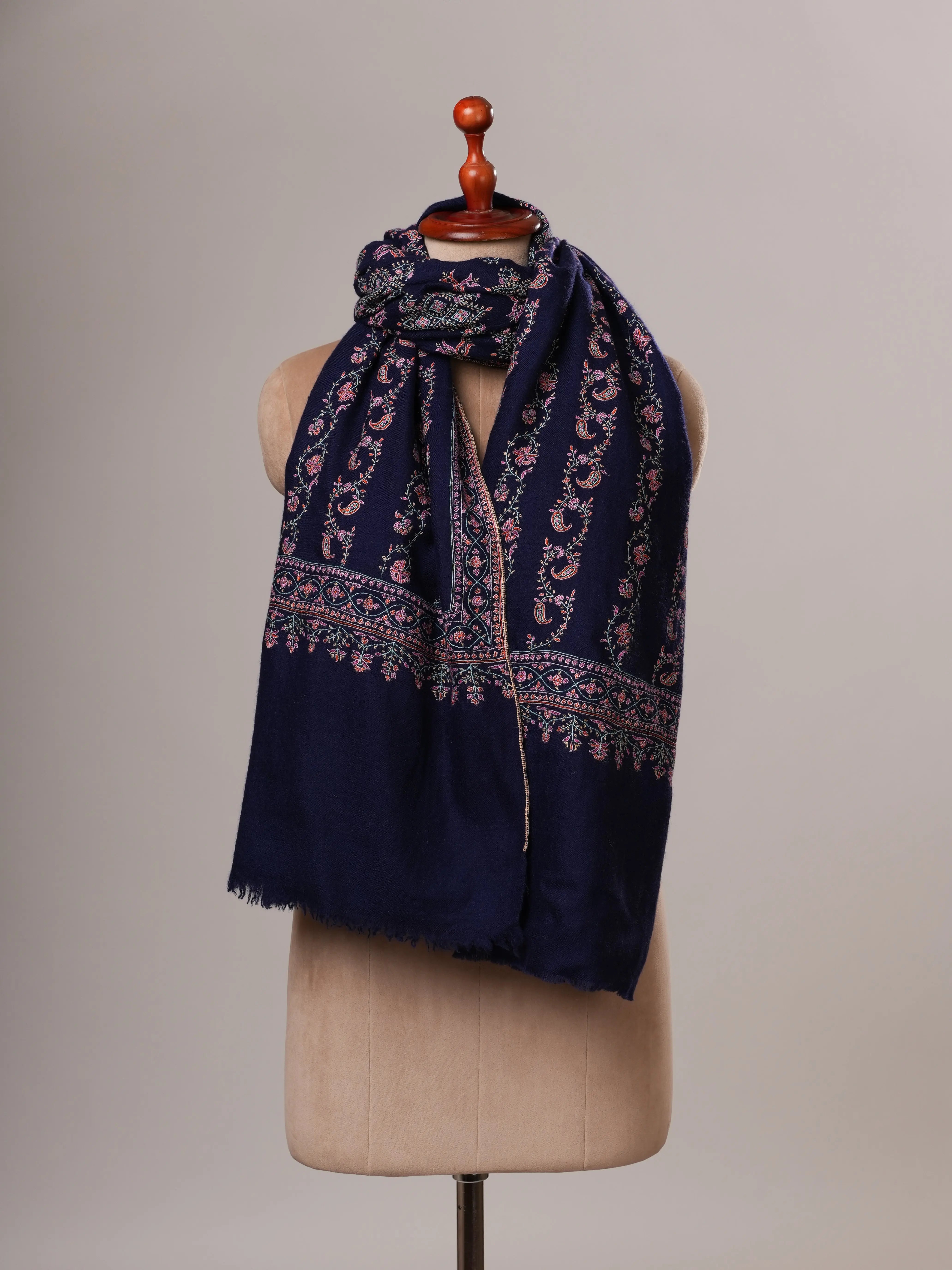 Handspun Blue Embroidered Featherlight Pure Pashmina Shawl Shahkaar