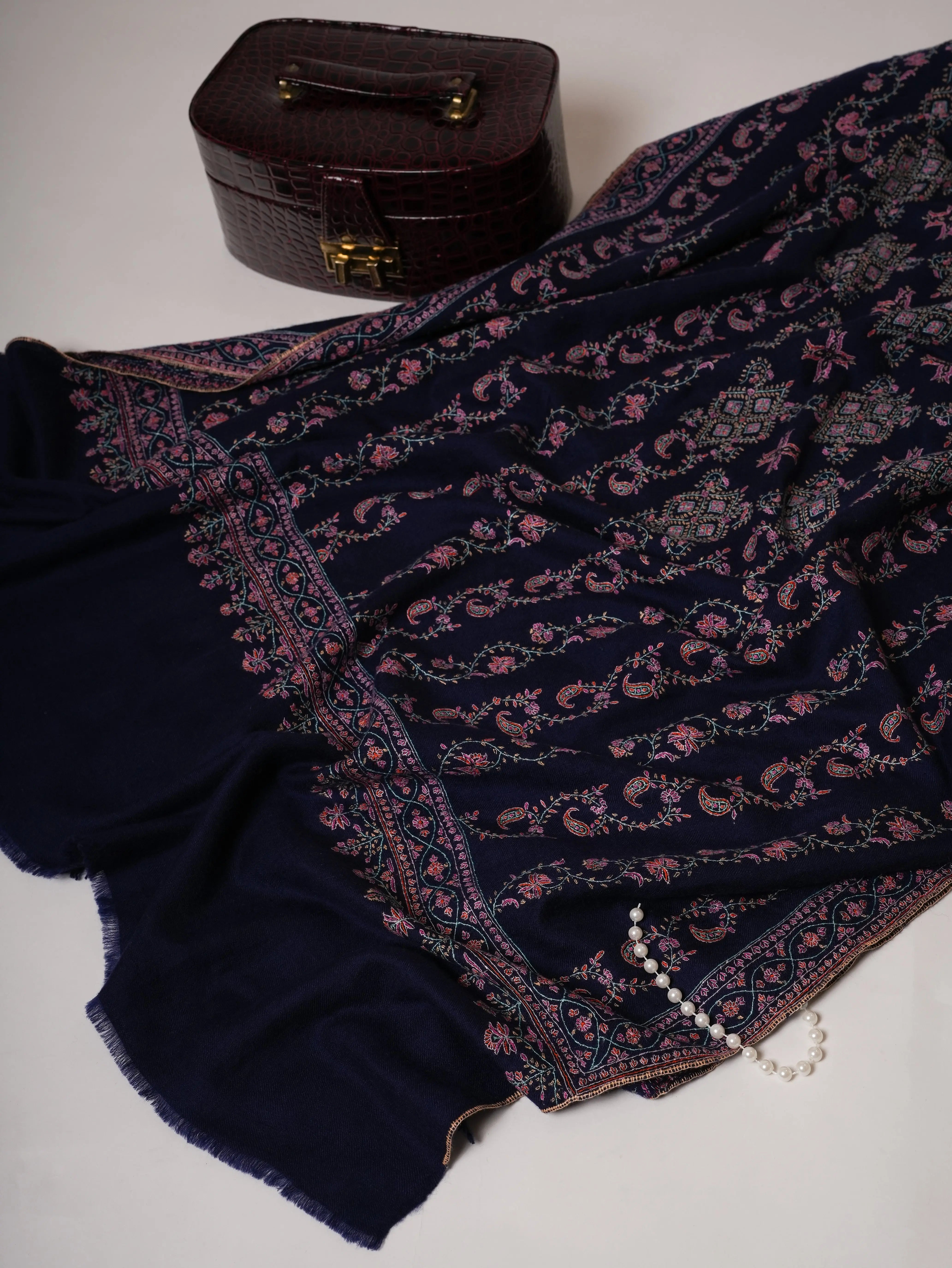 Handspun Blue Embroidered Featherlight Pure Pashmina Shawl Shahkaar