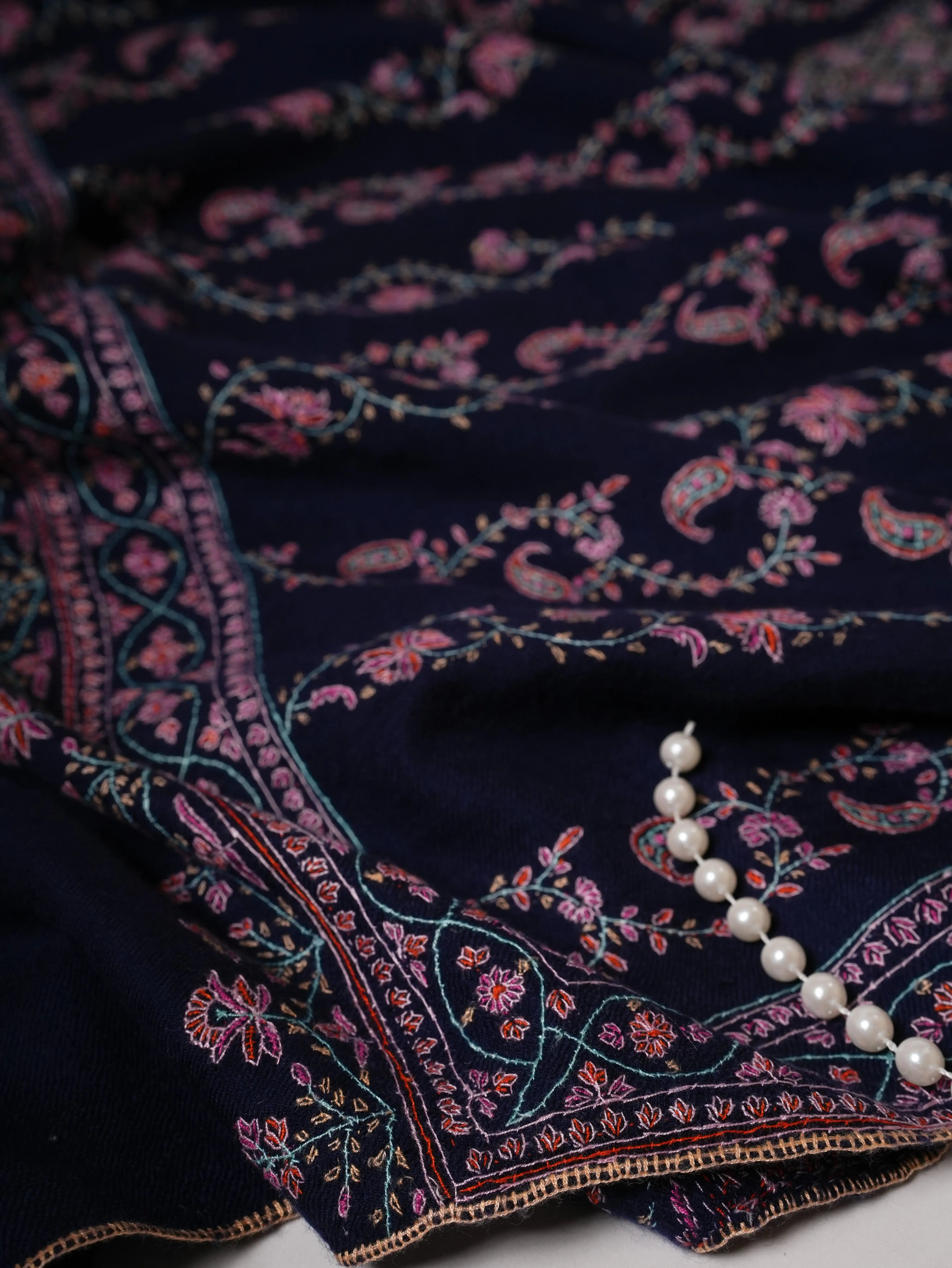 Handspun Blue Embroidered Featherlight Pure Pashmina Shawl Shahkaar