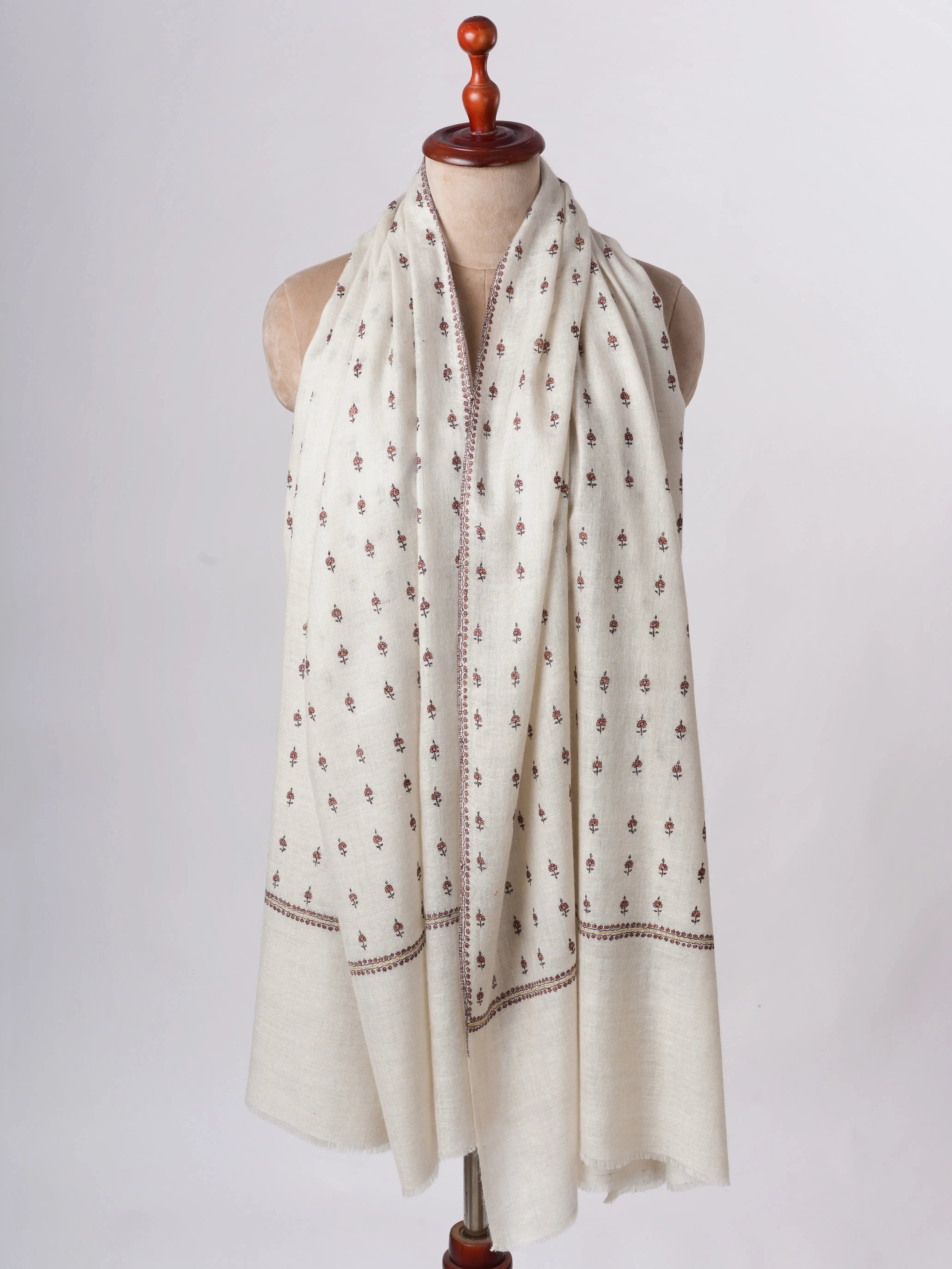 Handspun Buteh Embroidered Ivory Pashmina Shawl Shahkaar