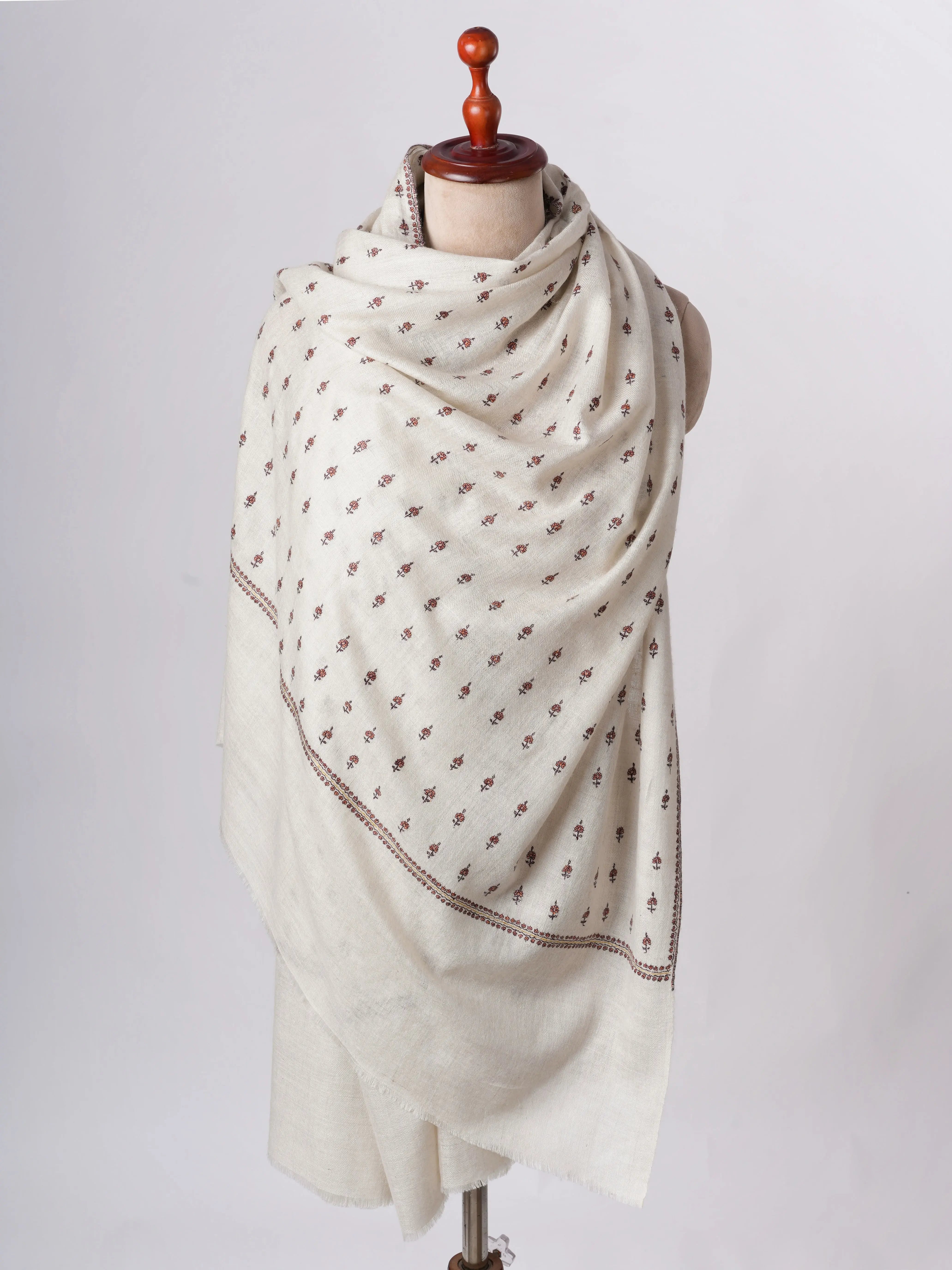 Handspun Buteh Embroidered Ivory Pashmina Shawl Shahkaar