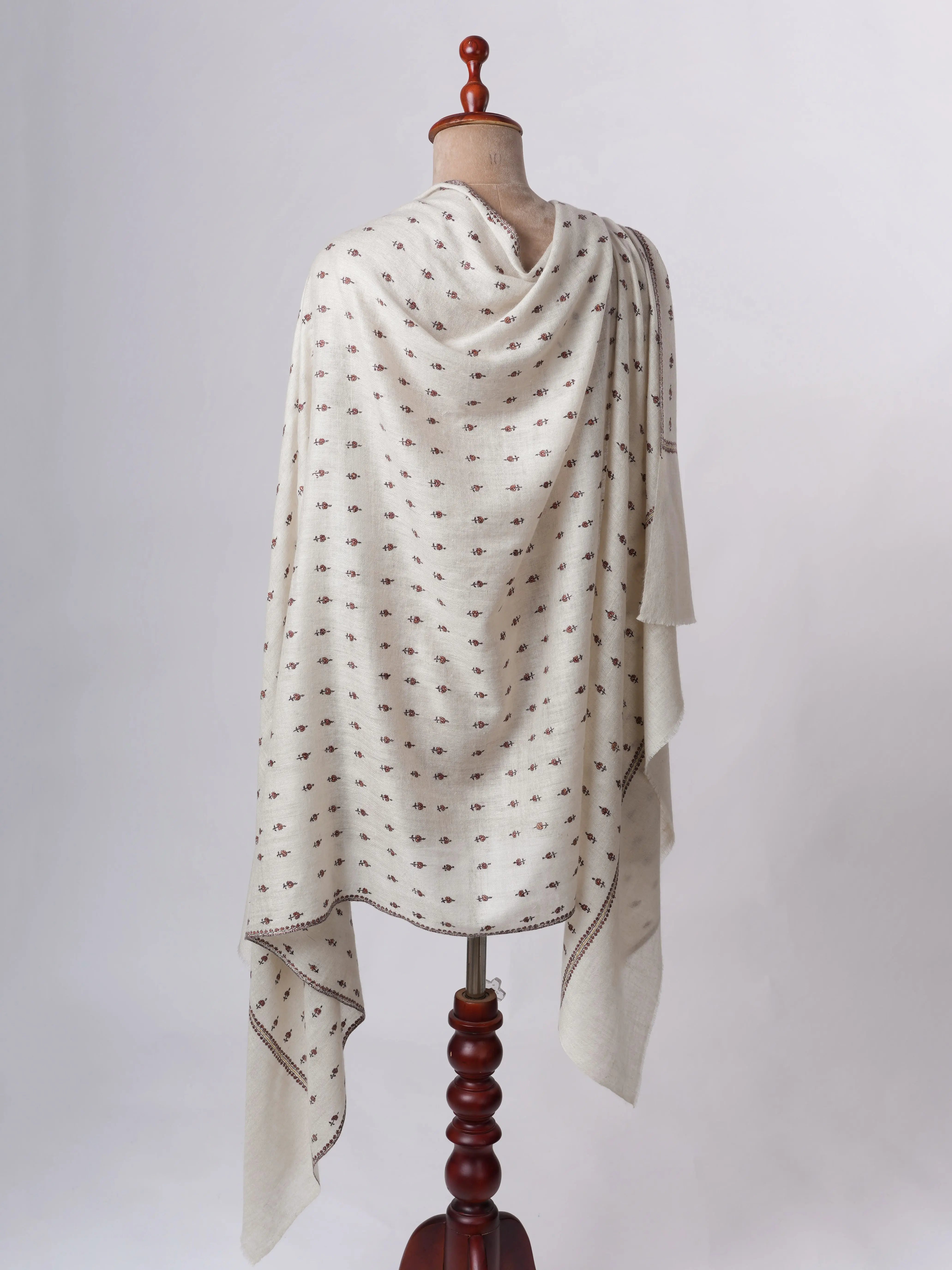 Handspun Buteh Embroidered Ivory Pashmina Shawl Shahkaar
