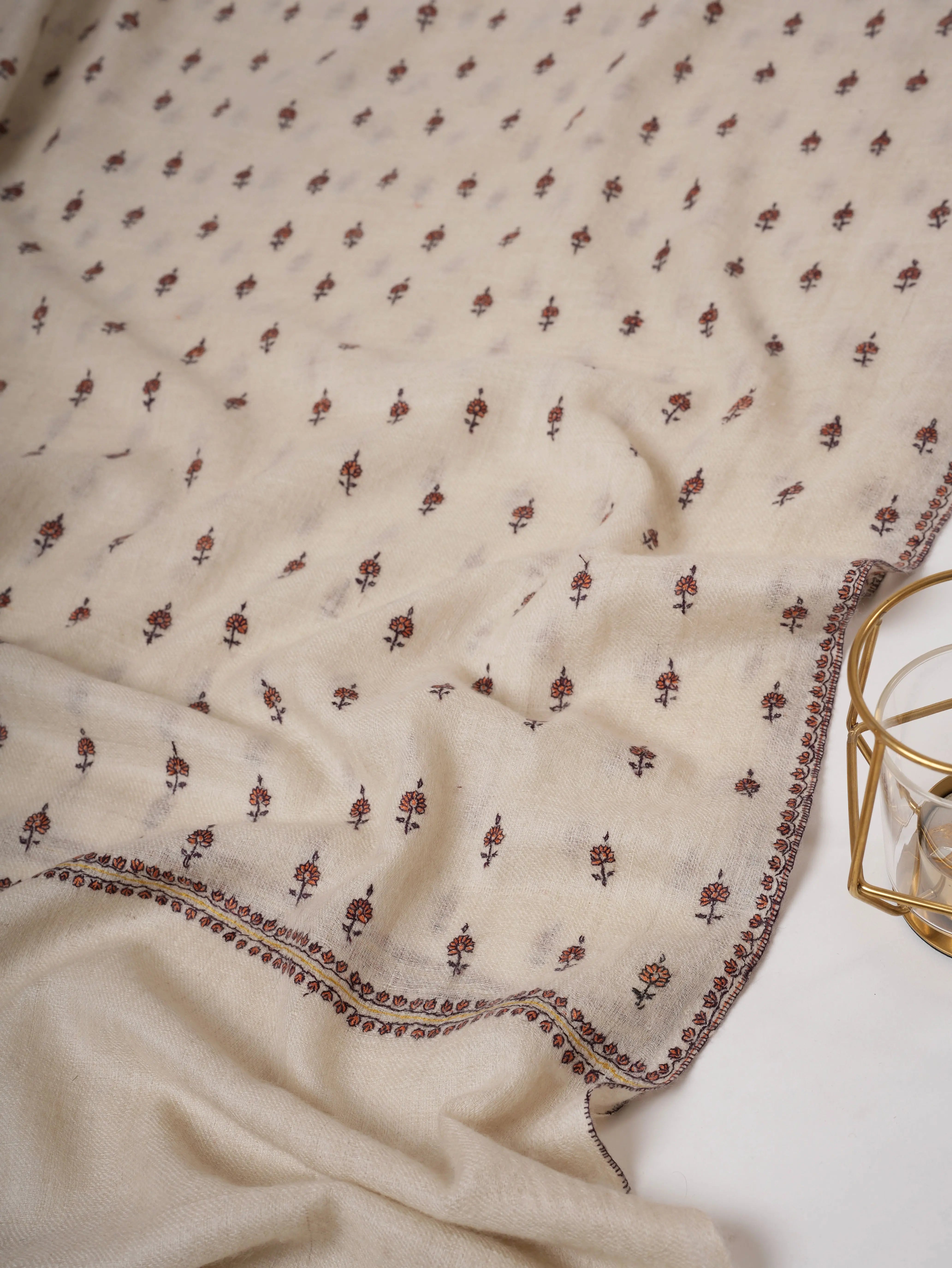 Handspun Buteh Embroidered Ivory Pashmina Shawl Shahkaar