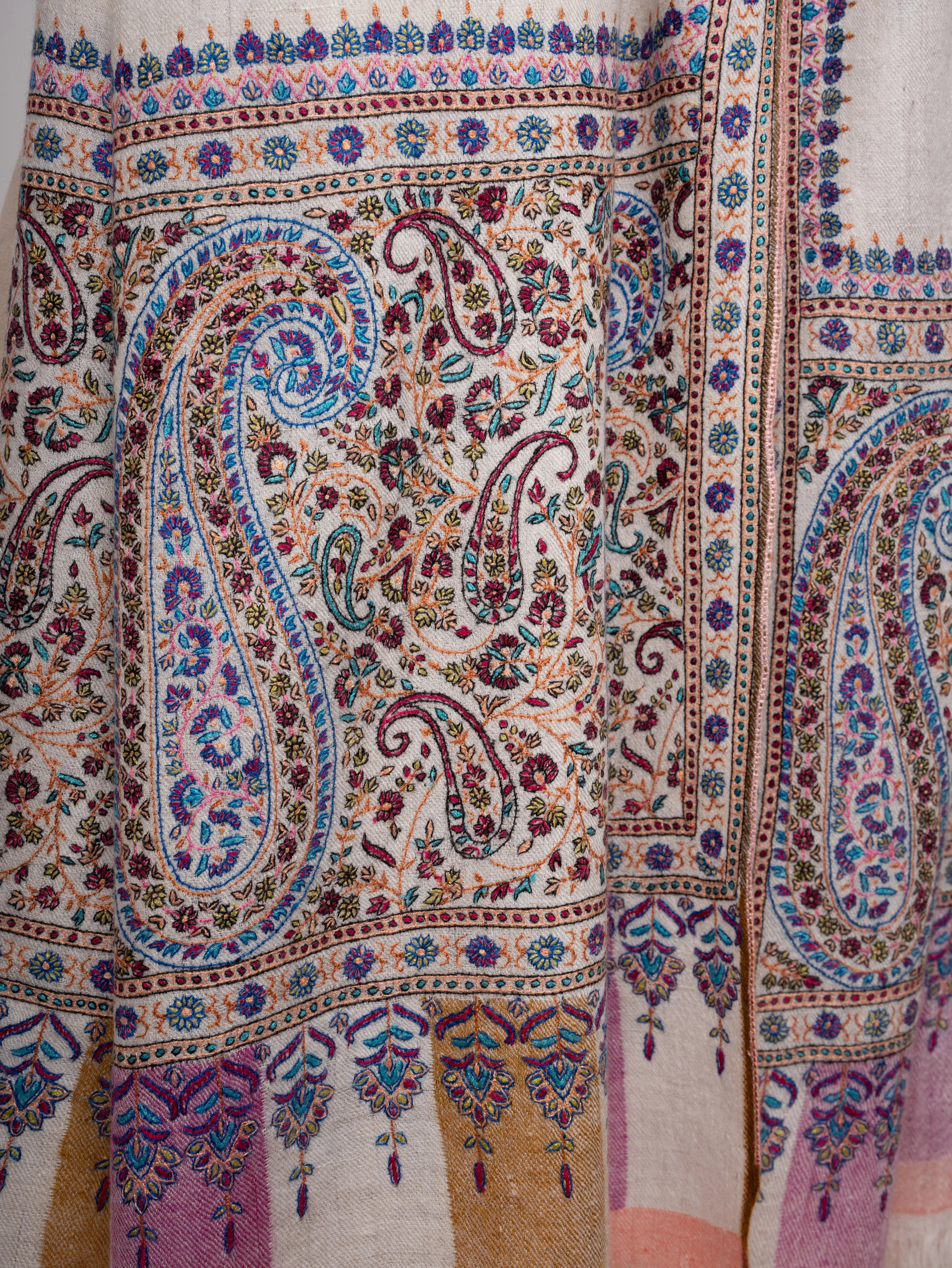 Handspun Kashmiri Pashmina Shawl Kani Weave & Palla Embroidery on Ends Shahkaar
