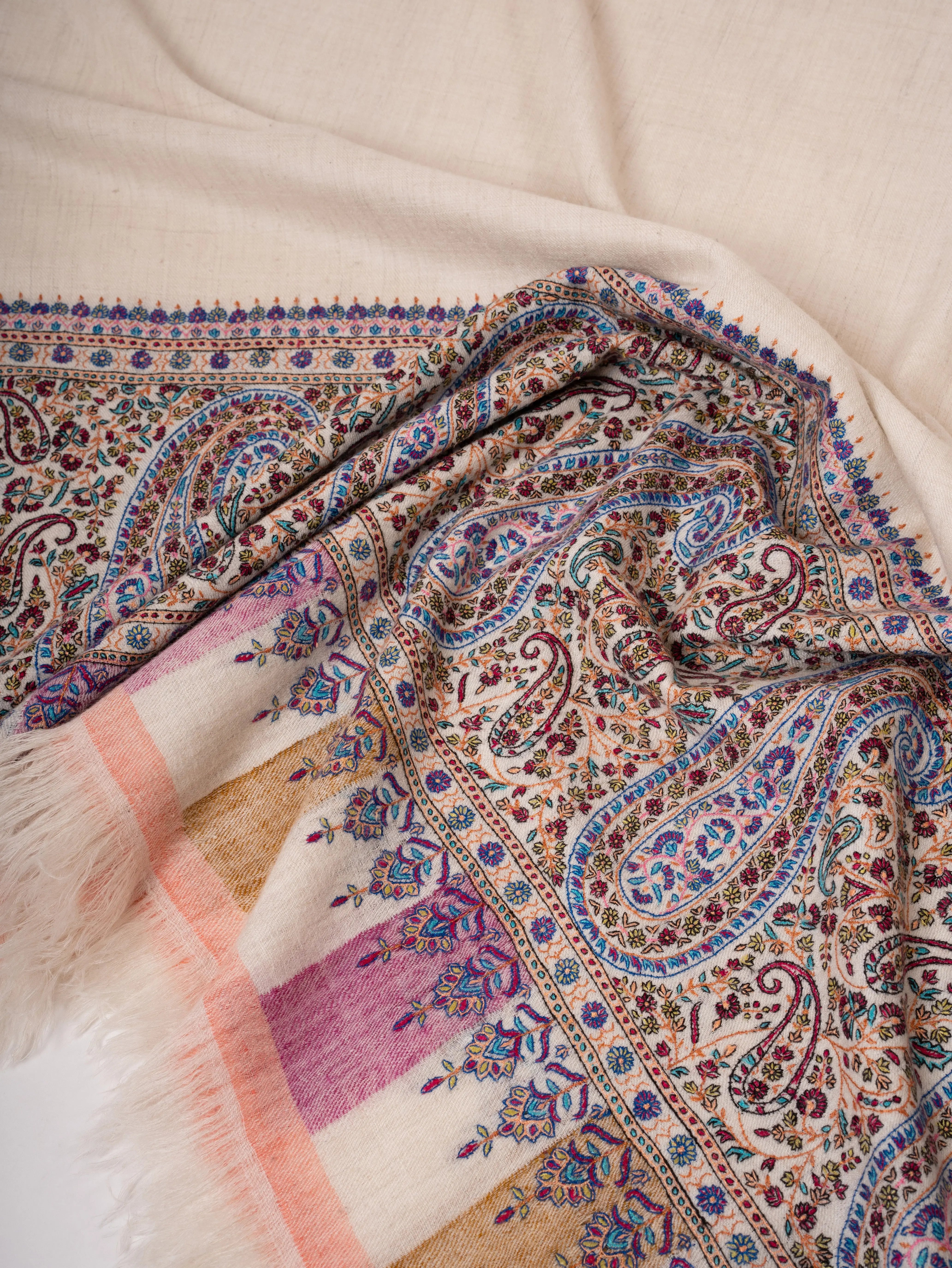 Handspun Kashmiri Pashmina Shawl Kani Weave & Palla Embroidery on Ends Shahkaar