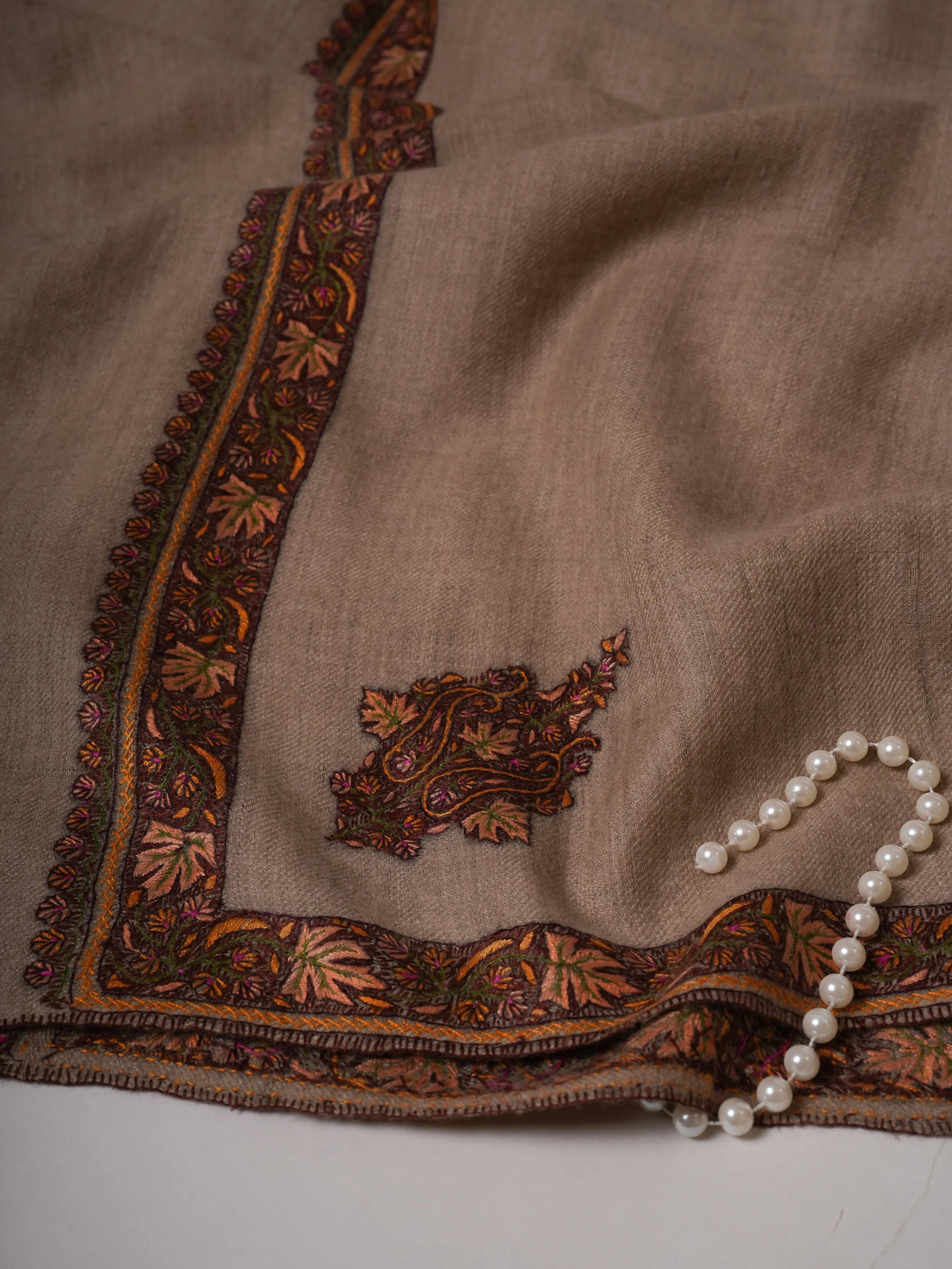 Handspun Pure Pashmina Oversized Shawl with Daur Hand Embroidery Shahkaar