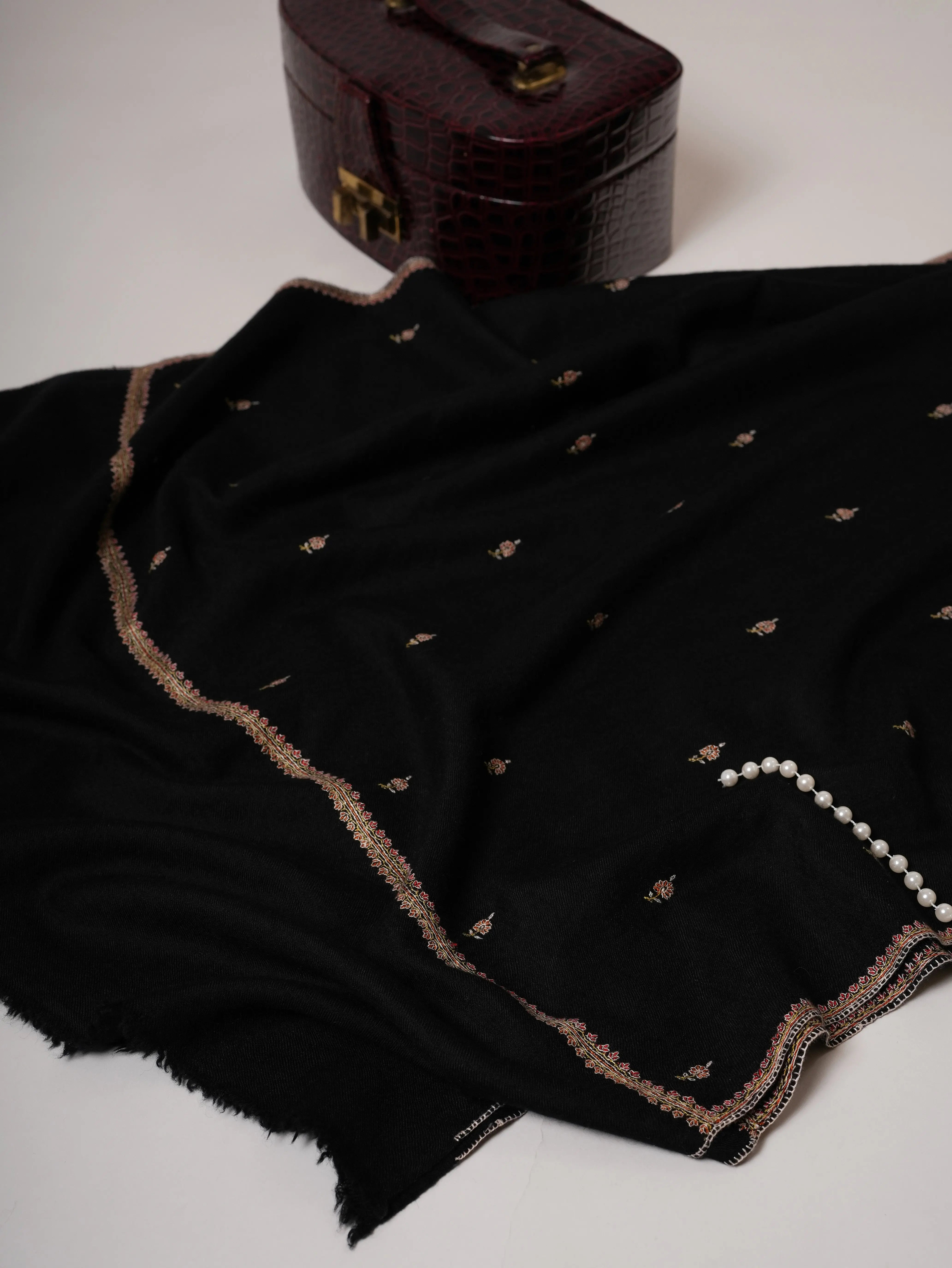 Handwoven Black Cashmere Scarf with Buteh Motifs Shahkaar