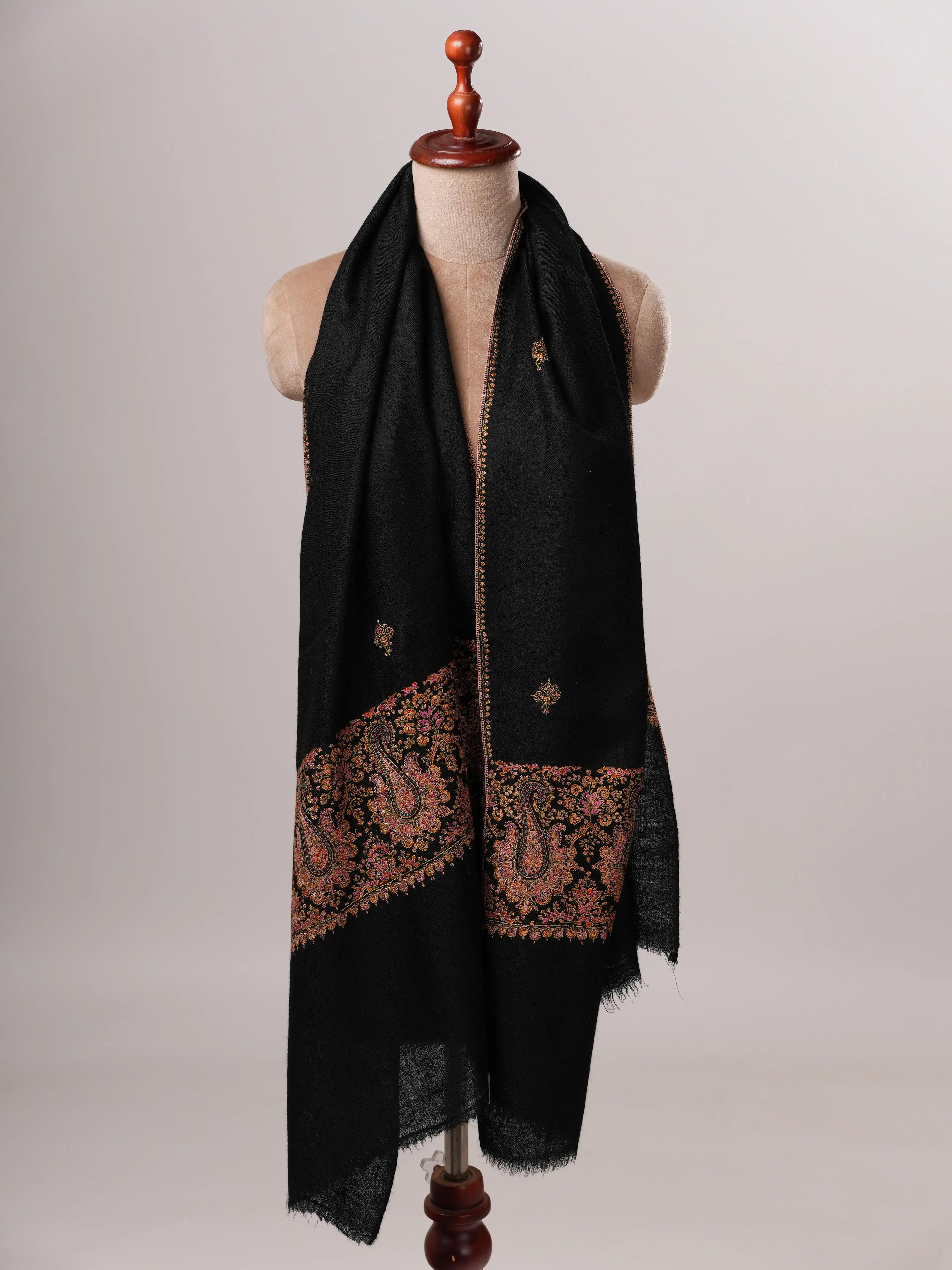 Handwoven Black Cashmere Scarf with Paisley Palla Embroidery Shahkaar