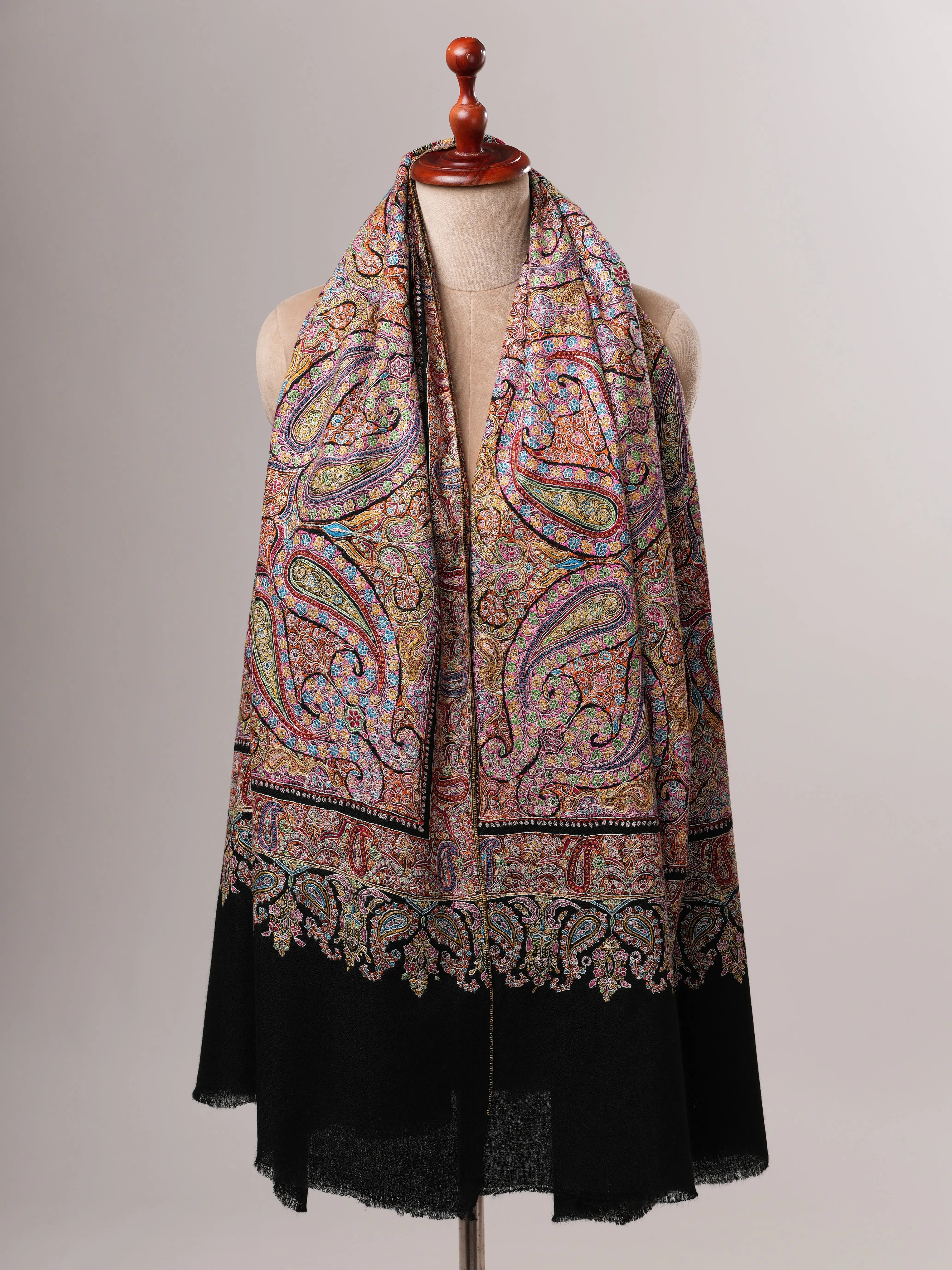 Handwoven Black Pashmina Shawl with Detailed Jamavar Embroidery Shahkaar