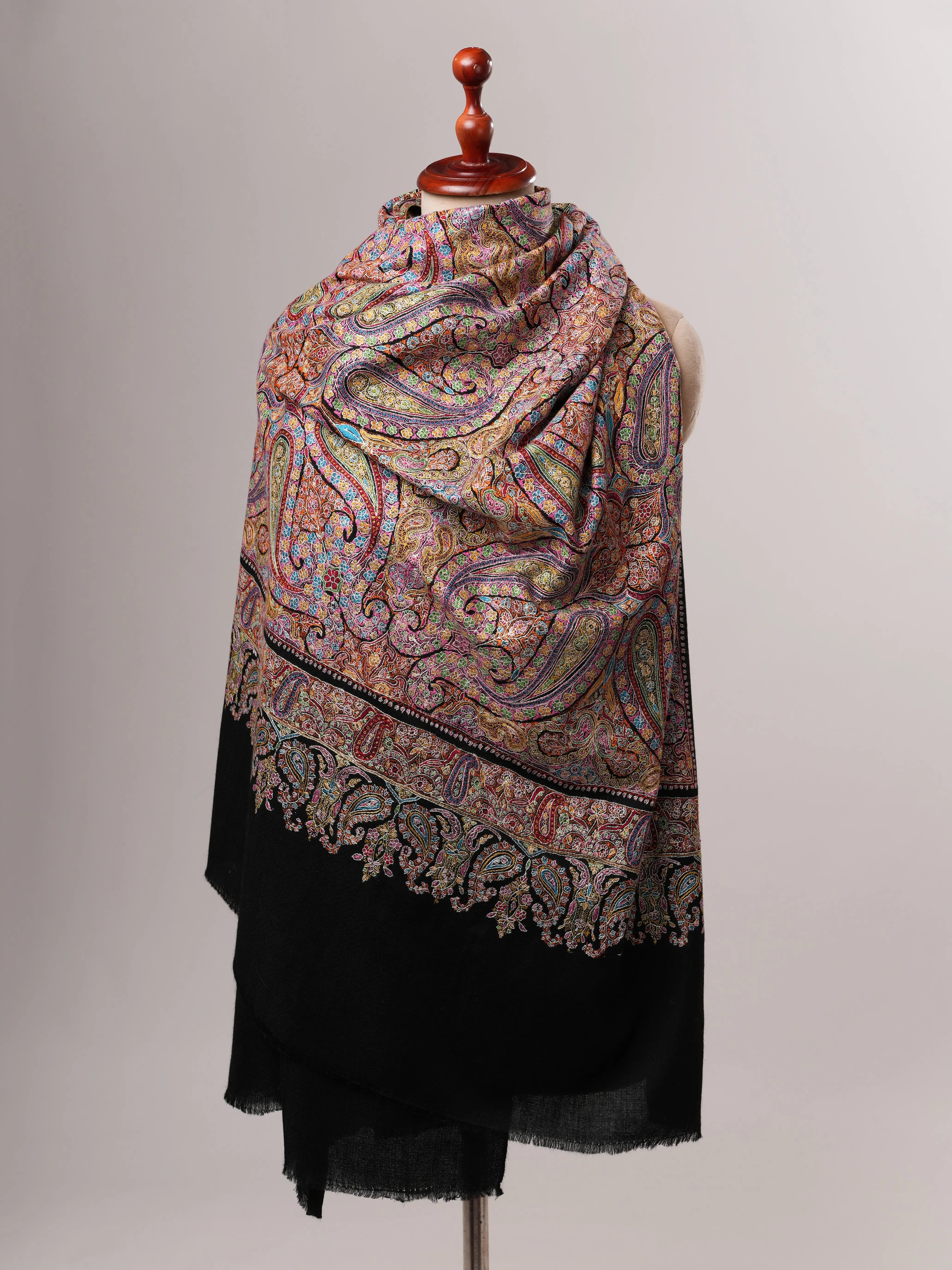 Handwoven Black Pashmina Shawl with Detailed Jamavar Embroidery Shahkaar