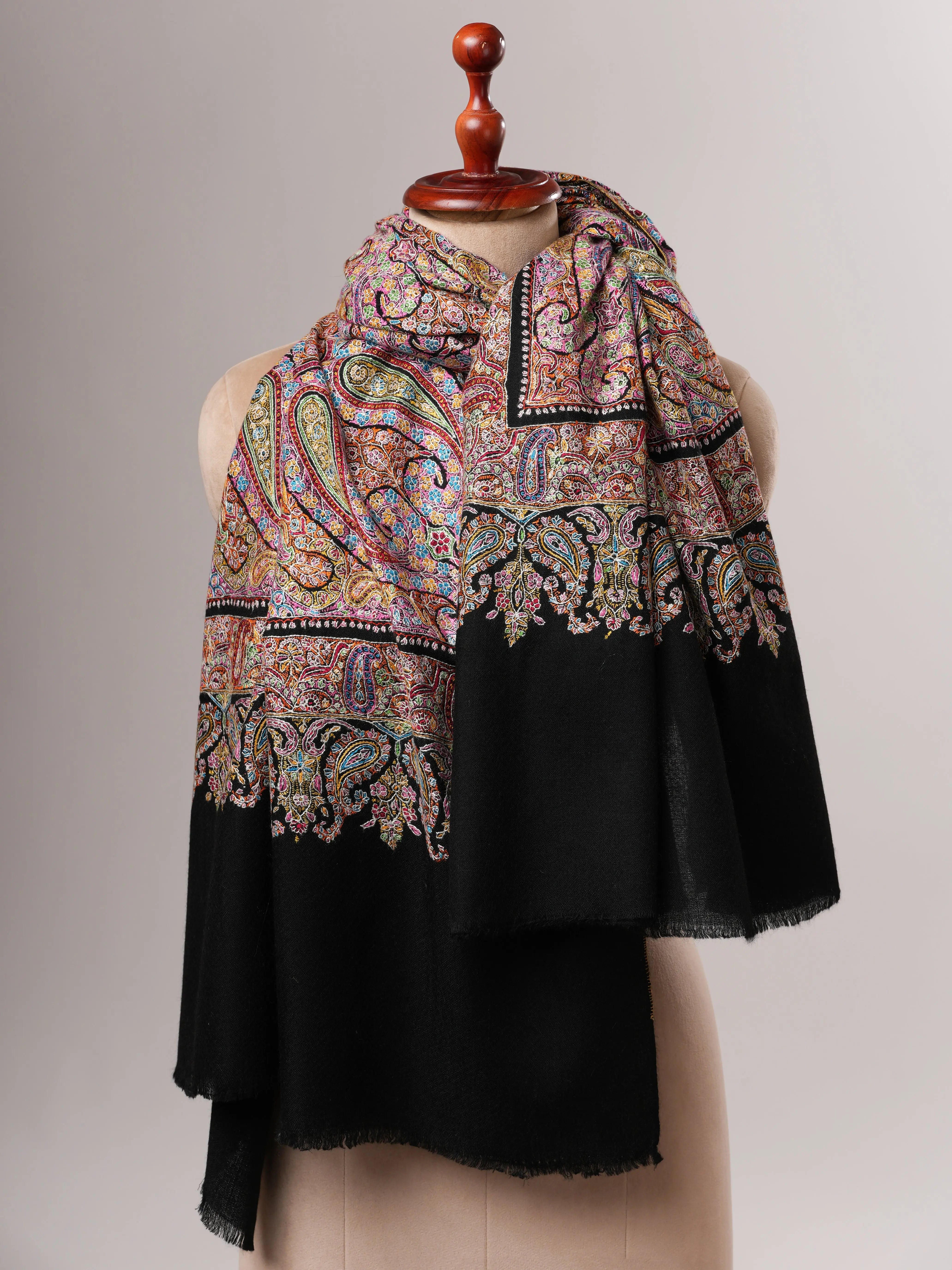 Handwoven Black Pashmina Shawl with Detailed Jamavar Embroidery Shahkaar