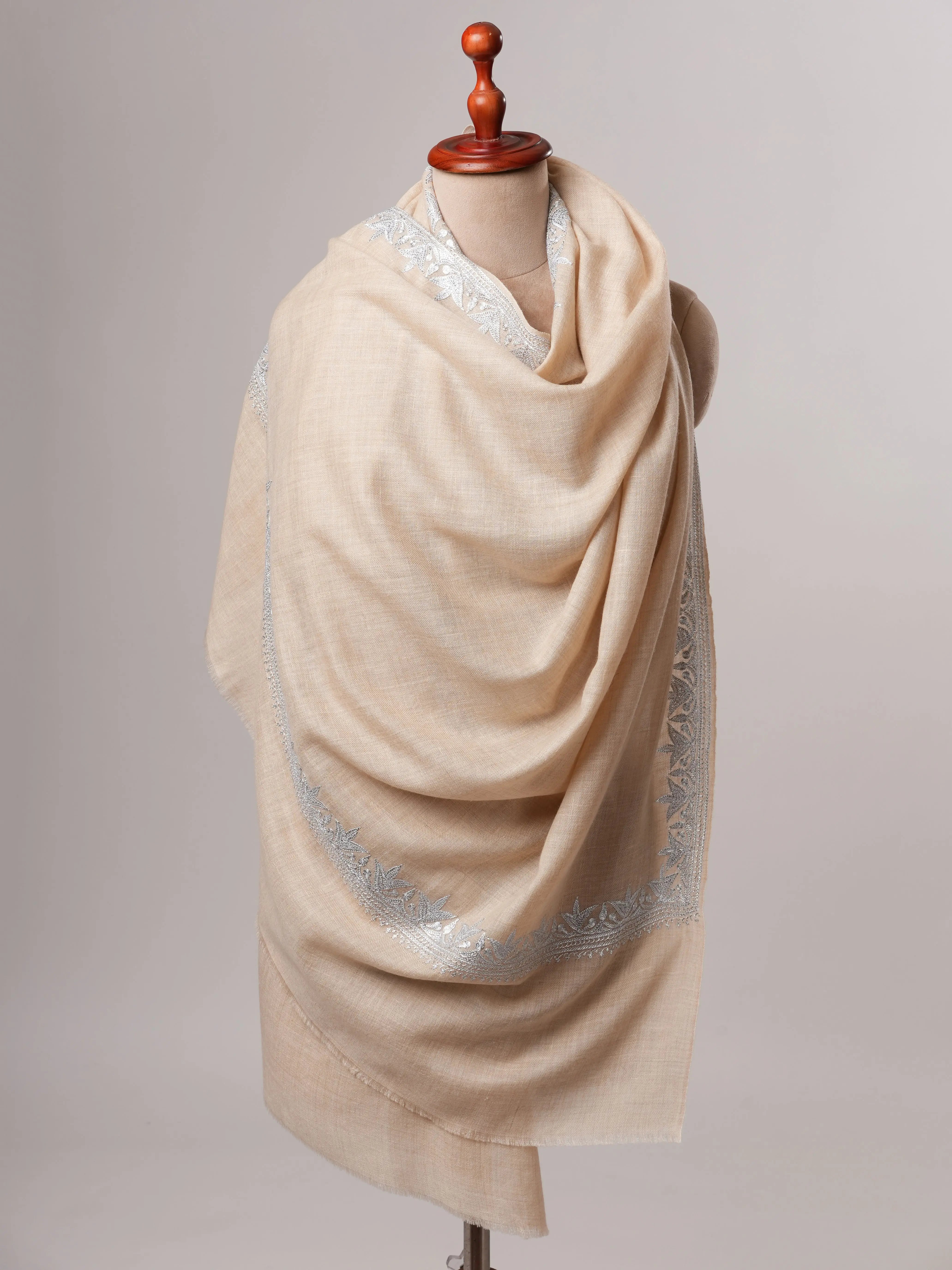 Handwoven Cream Pashmina Shawl Featuring Silver Tilla Daur Work Shahkaar