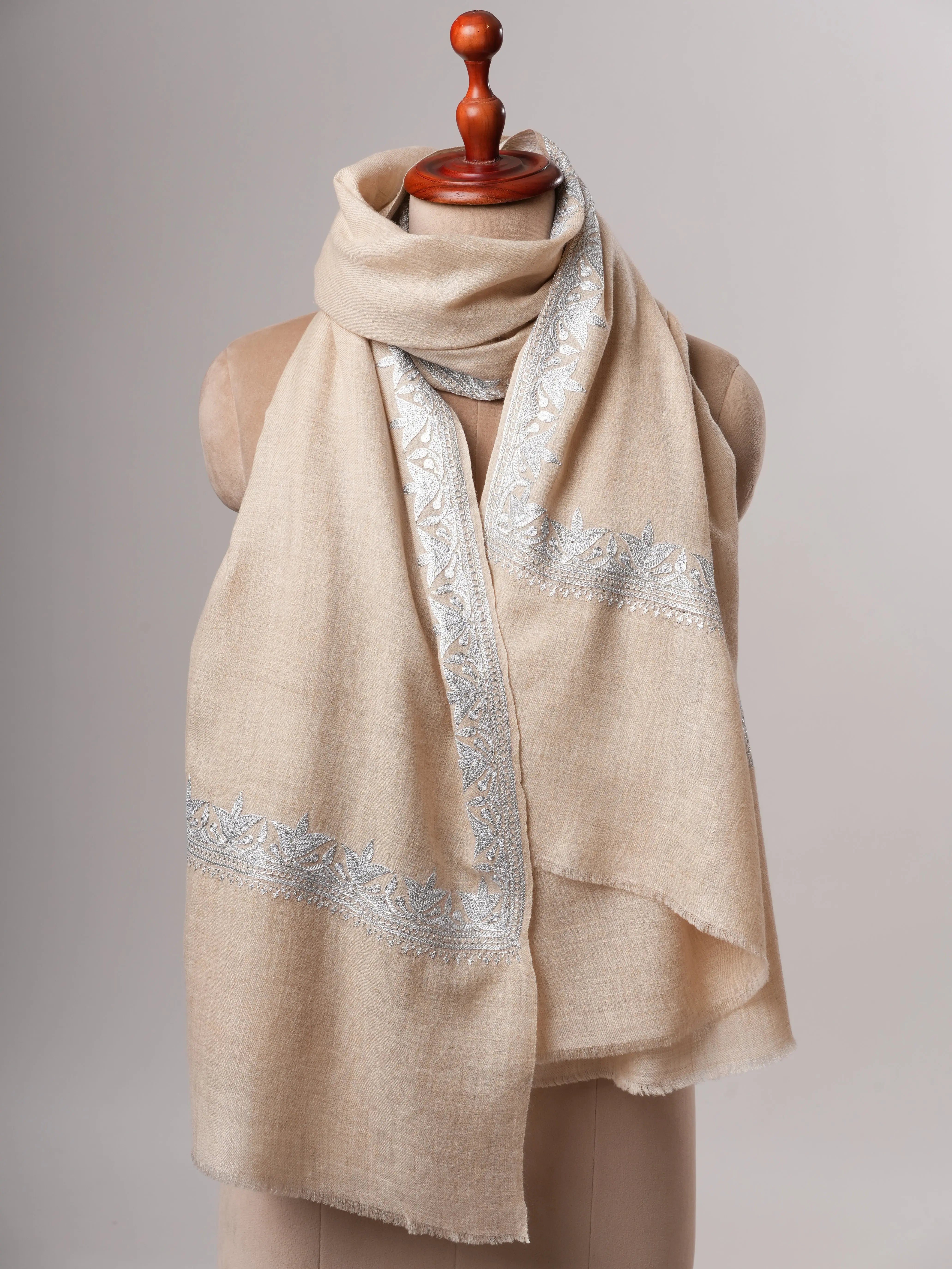 Handwoven Cream Pashmina Shawl Featuring Silver Tilla Daur Work Shahkaar