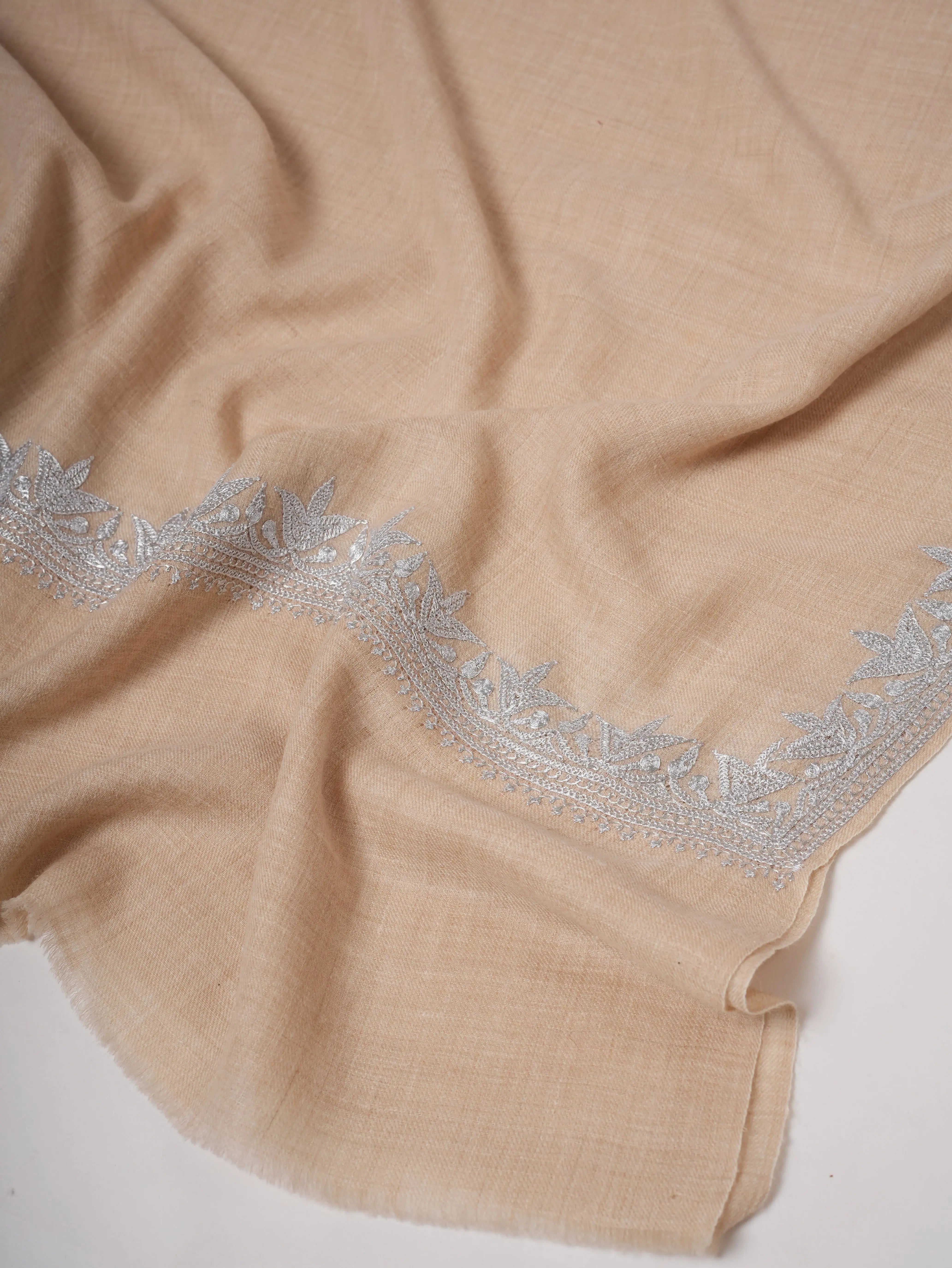 Handwoven Cream Pashmina Shawl Featuring Silver Tilla Daur Work Shahkaar