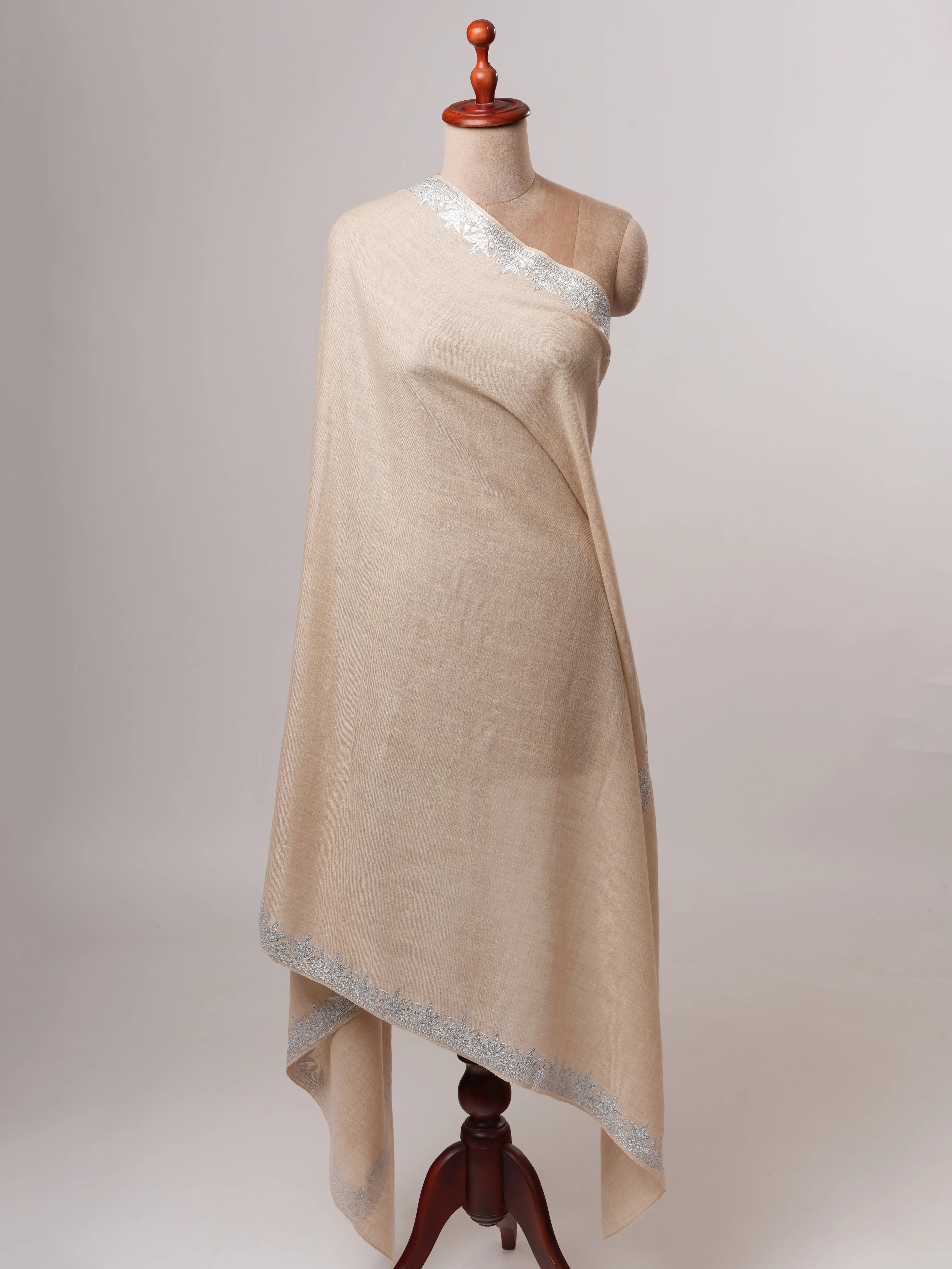 Handwoven Cream Pashmina Shawl Featuring Silver Tilla Daur Work Shahkaar