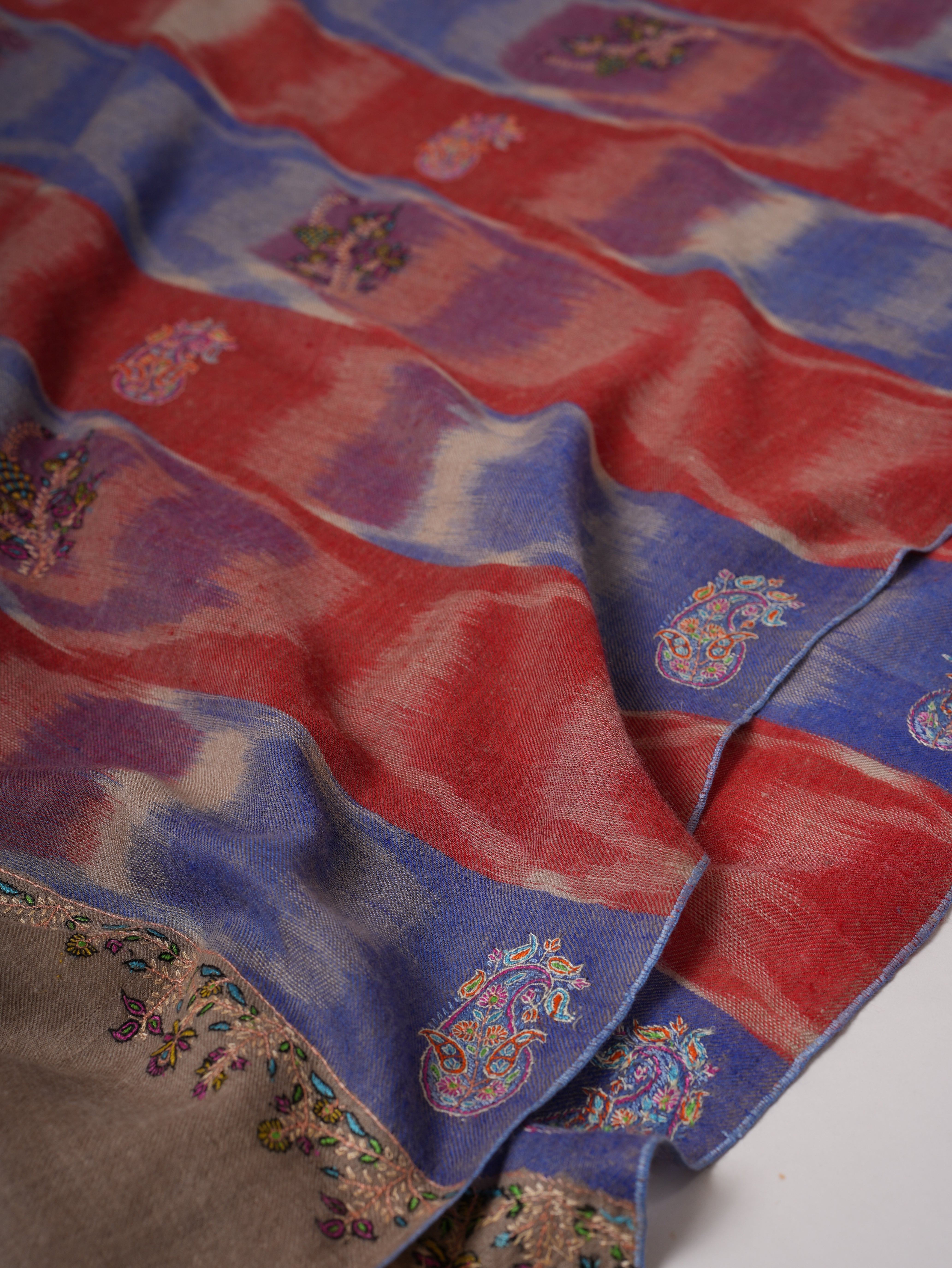 Handwoven Ikat Shahkaar Pashmina Shawl with Hand Embroidered Paisley Shahkaar