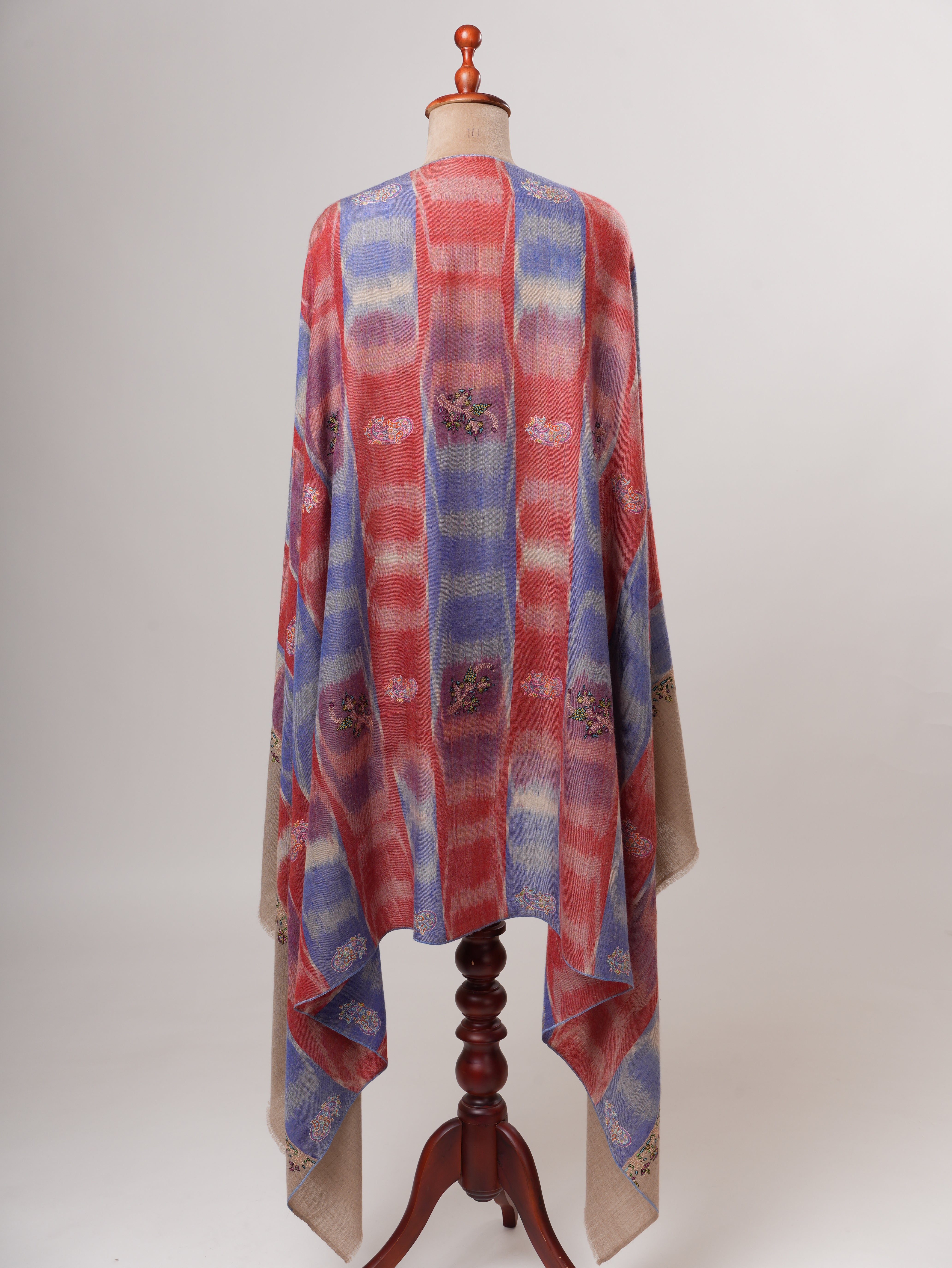 Handwoven Ikat Shahkaar Pashmina Shawl with Hand Embroidered Paisley Shahkaar