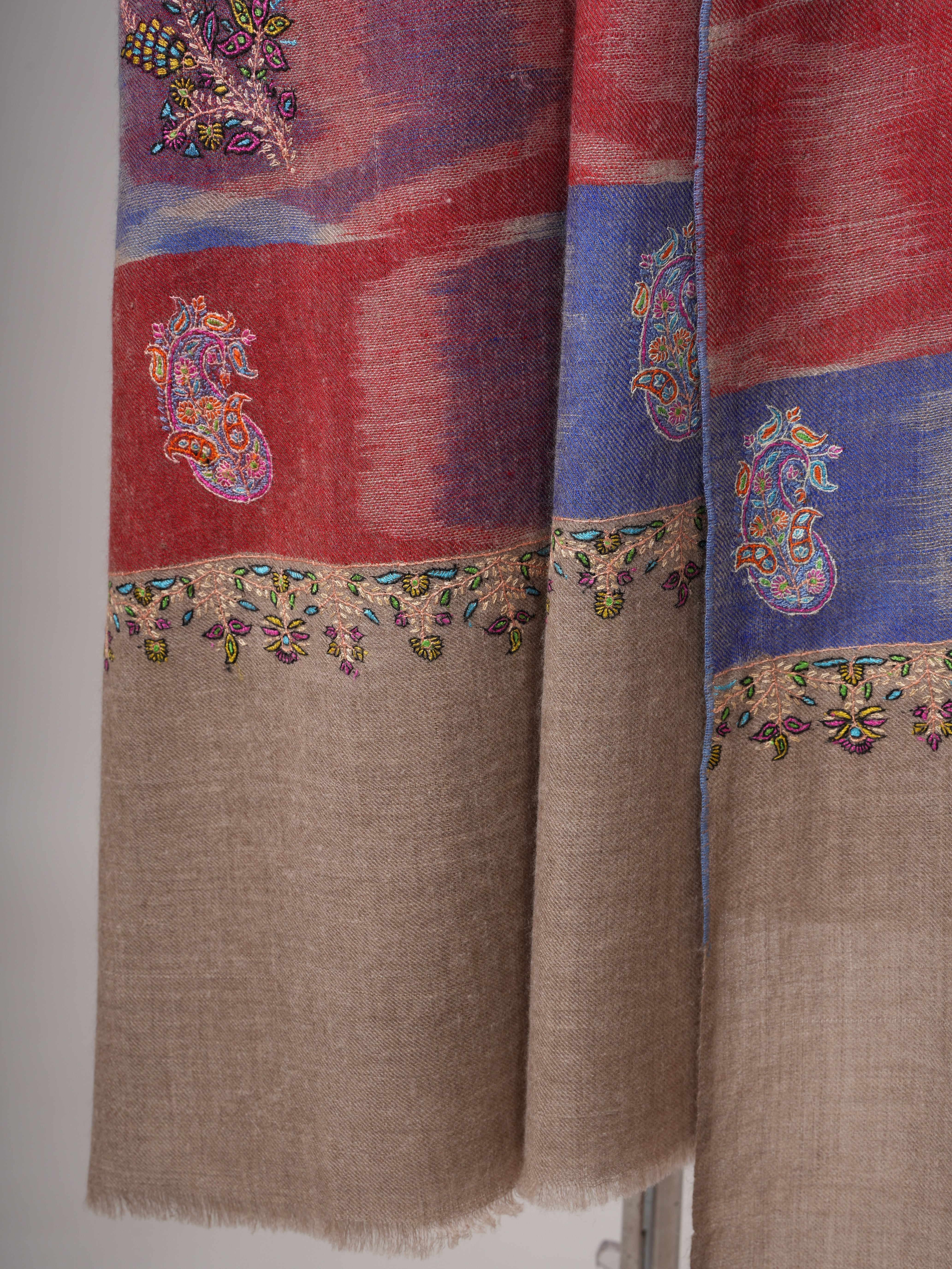 Handwoven Ikat Shahkaar Pashmina Shawl with Hand Embroidered Paisley Shahkaar