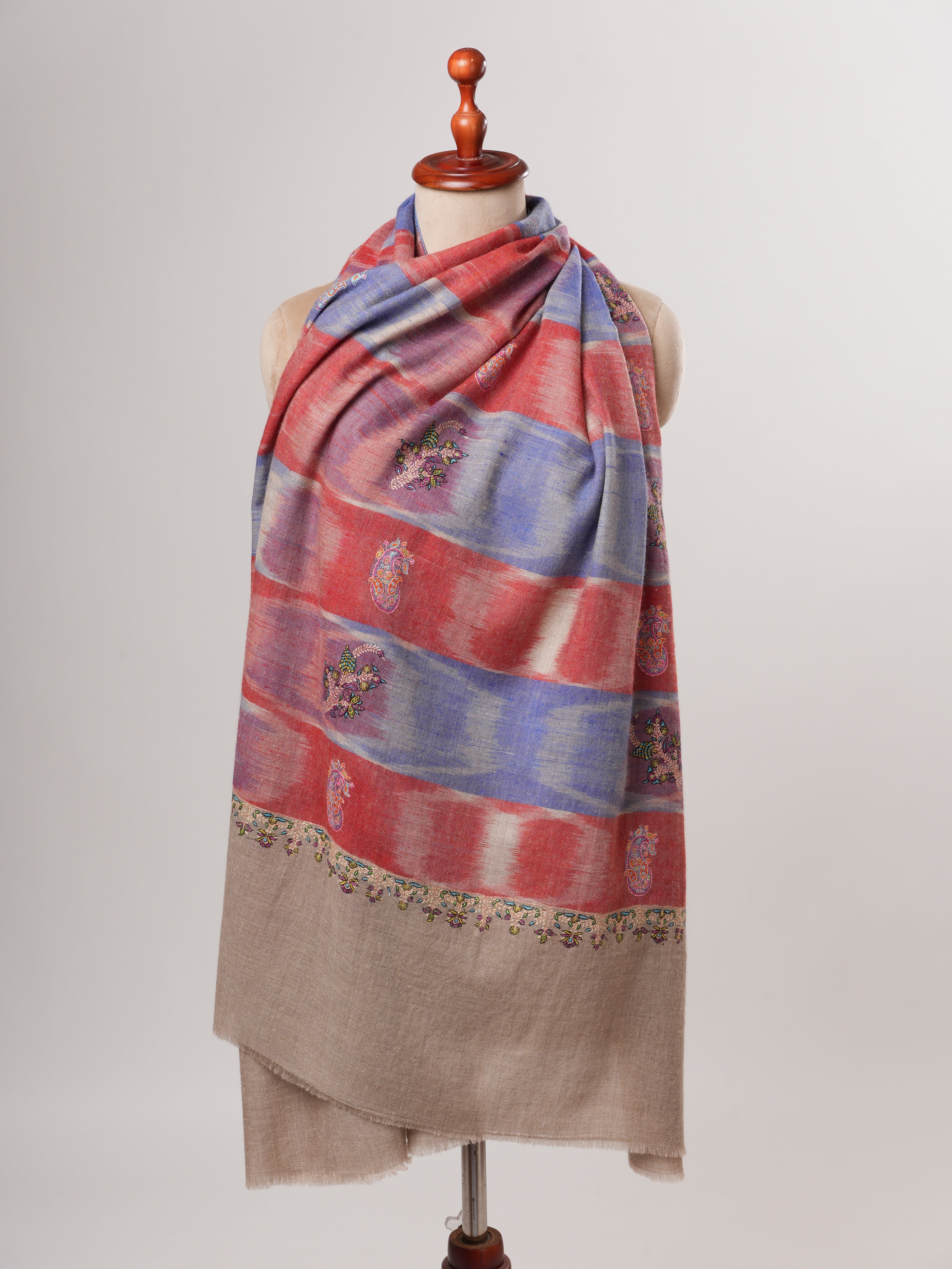 Handwoven Ikat Shahkaar Pashmina Shawl with Hand Embroidered Paisley Shahkaar