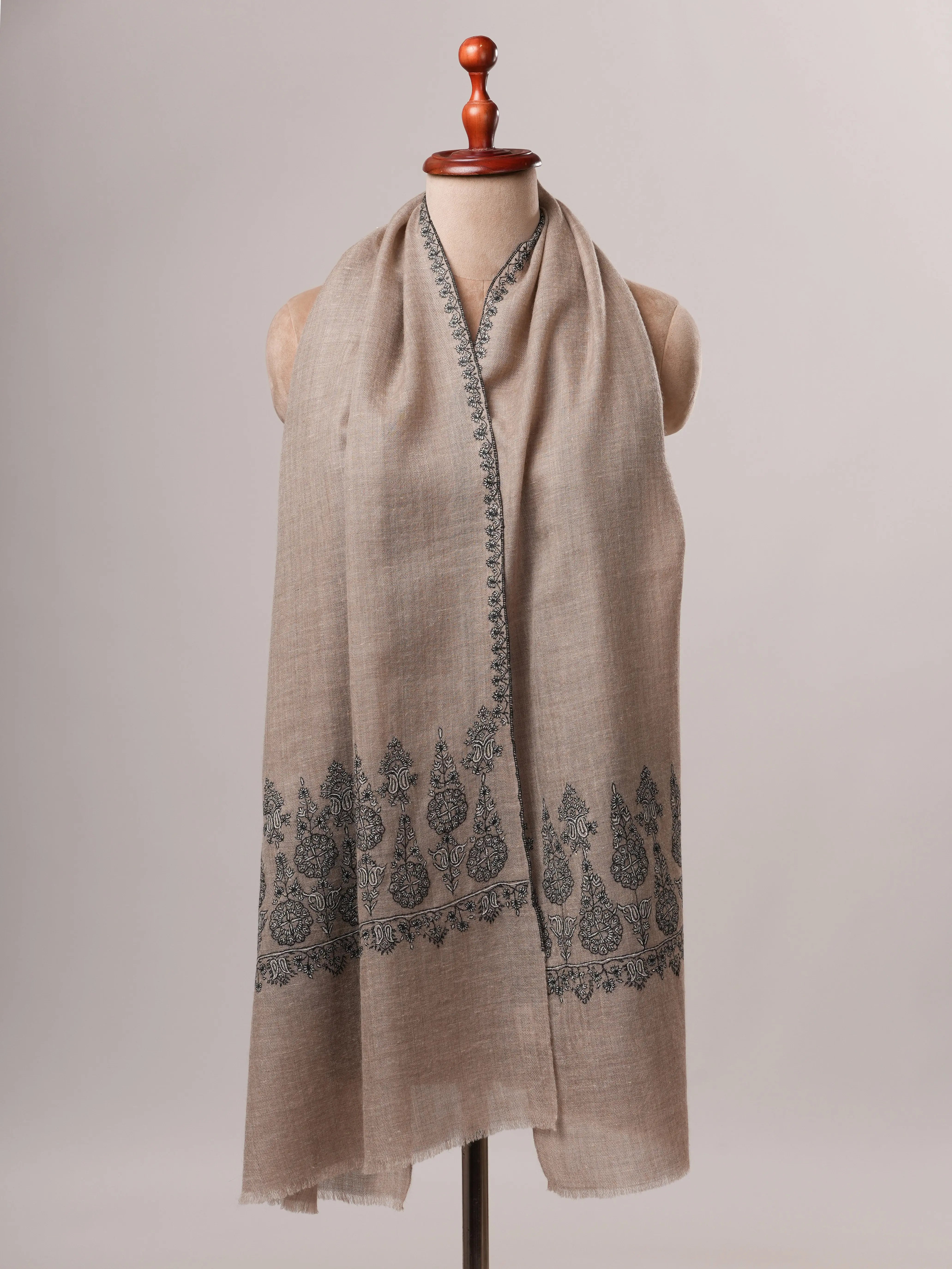 Handwoven Natural Grey Cashmere Scarf with Black and White Palla Embroidery Shahkaar