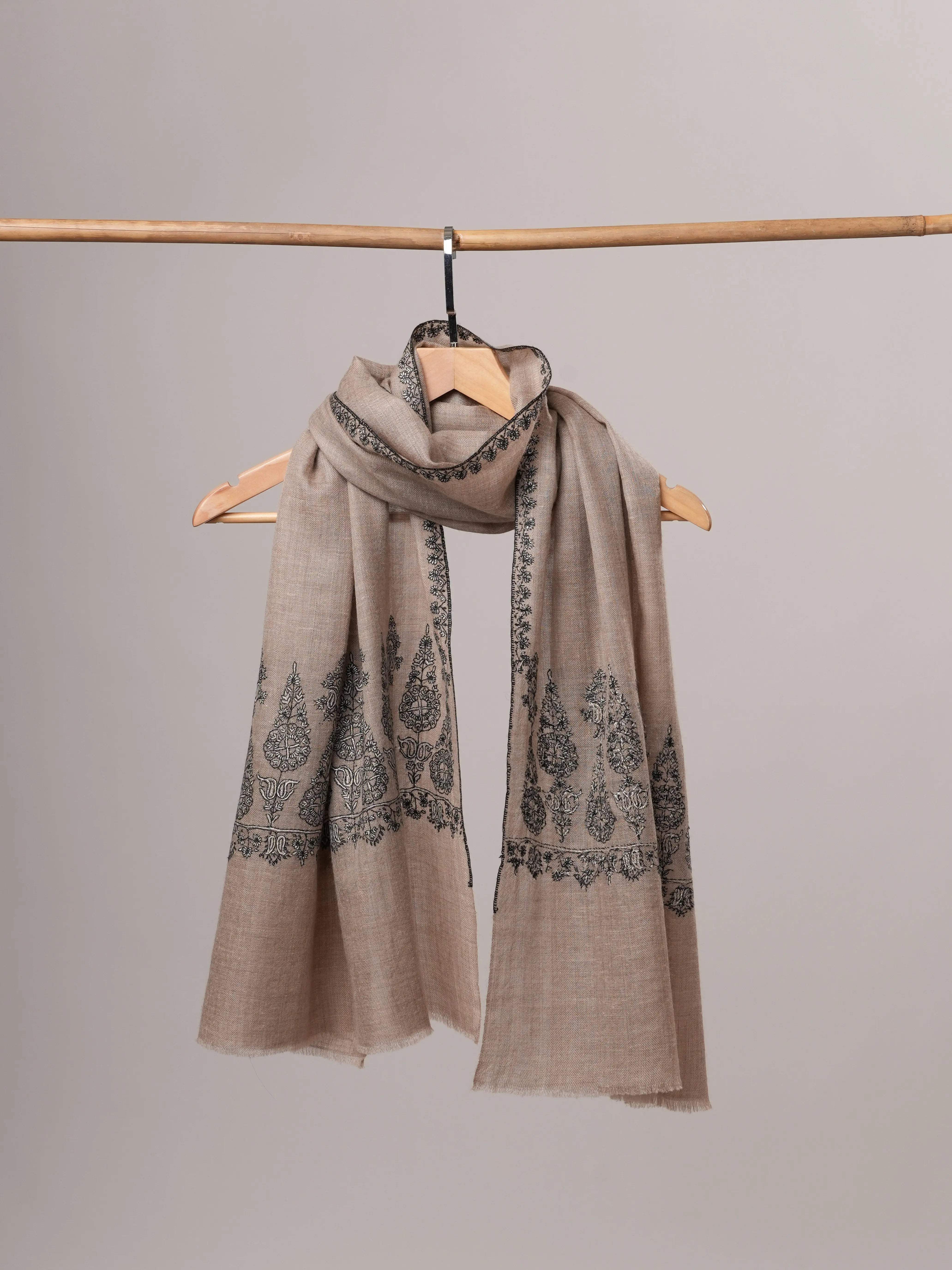 Handwoven Natural Grey Cashmere Scarf with Black and White Palla Embroidery Shahkaar