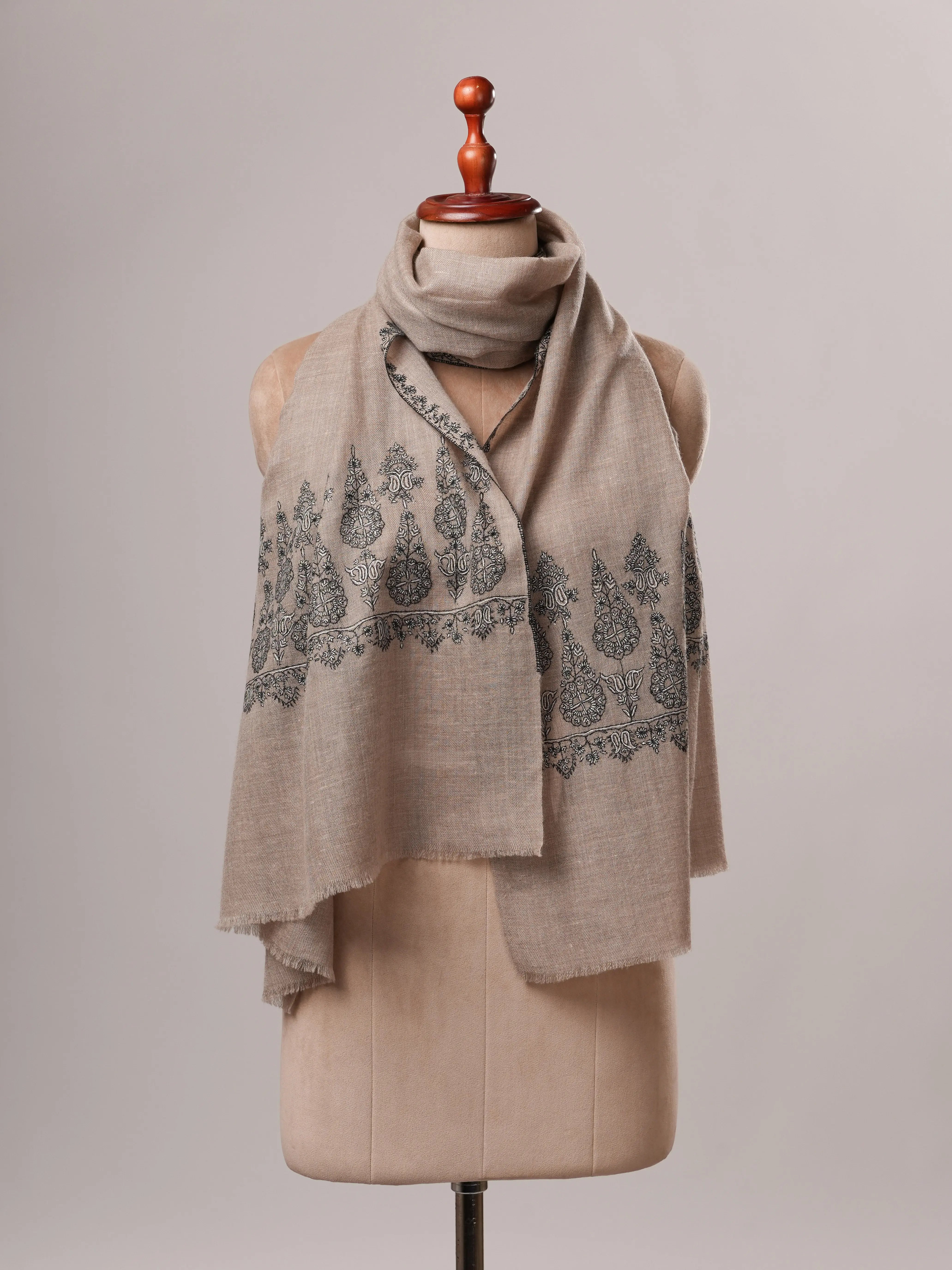 Handwoven Natural Grey Cashmere Scarf with Black and White Palla Embroidery Shahkaar
